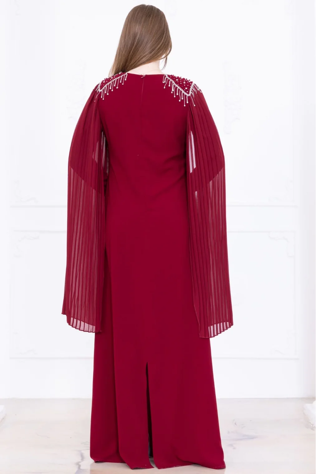 Omuz İşleme Detaylı Pelerinli Elbise 1017-Bordo