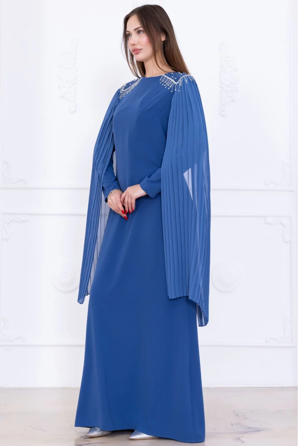 Omuz İşleme Detaylı Pelerinli Elbise 1017-İndigo