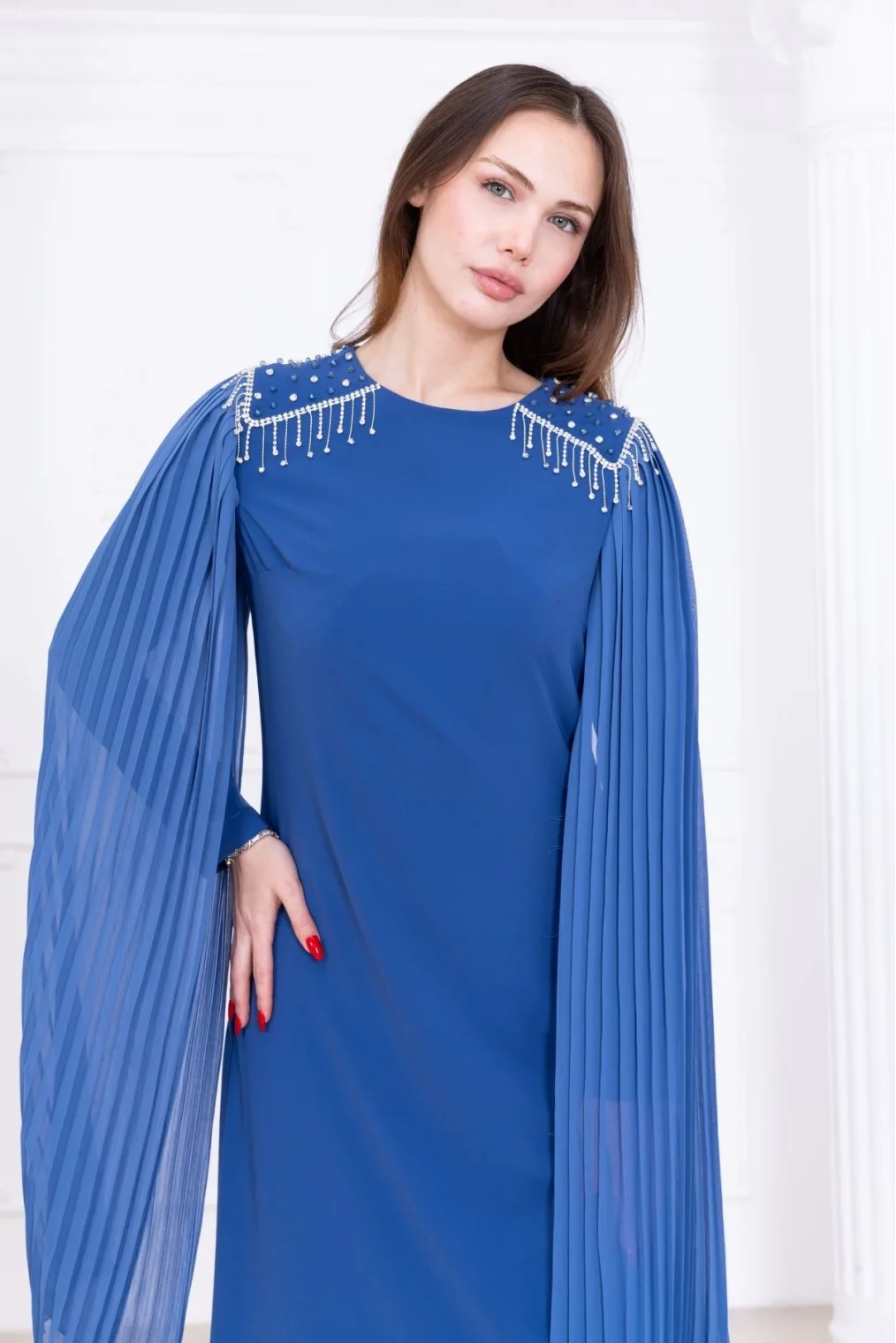 Omuz İşleme Detaylı Pelerinli Elbise 1017-İndigo