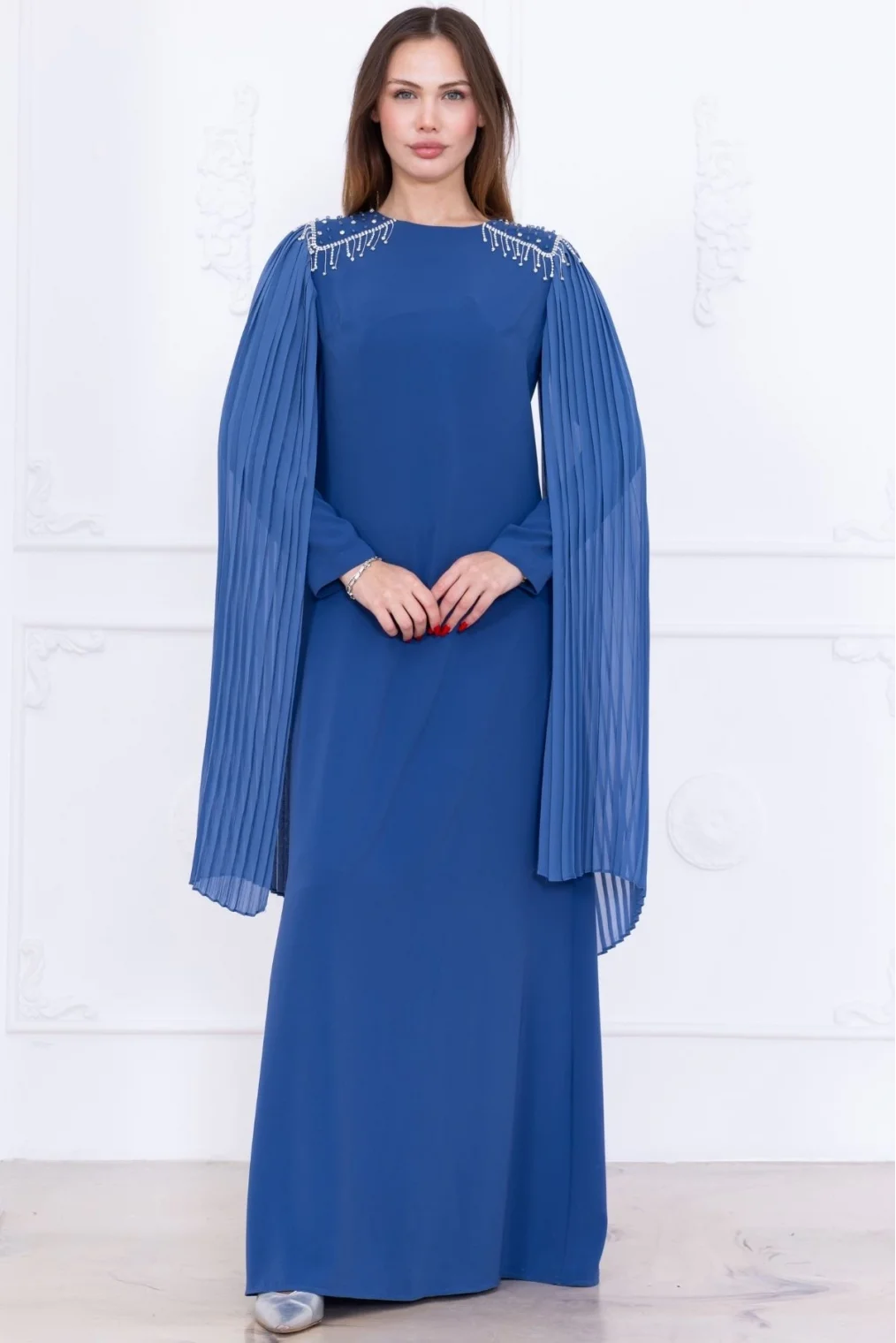 Omuz İşleme Detaylı Pelerinli Elbise 1017-İndigo