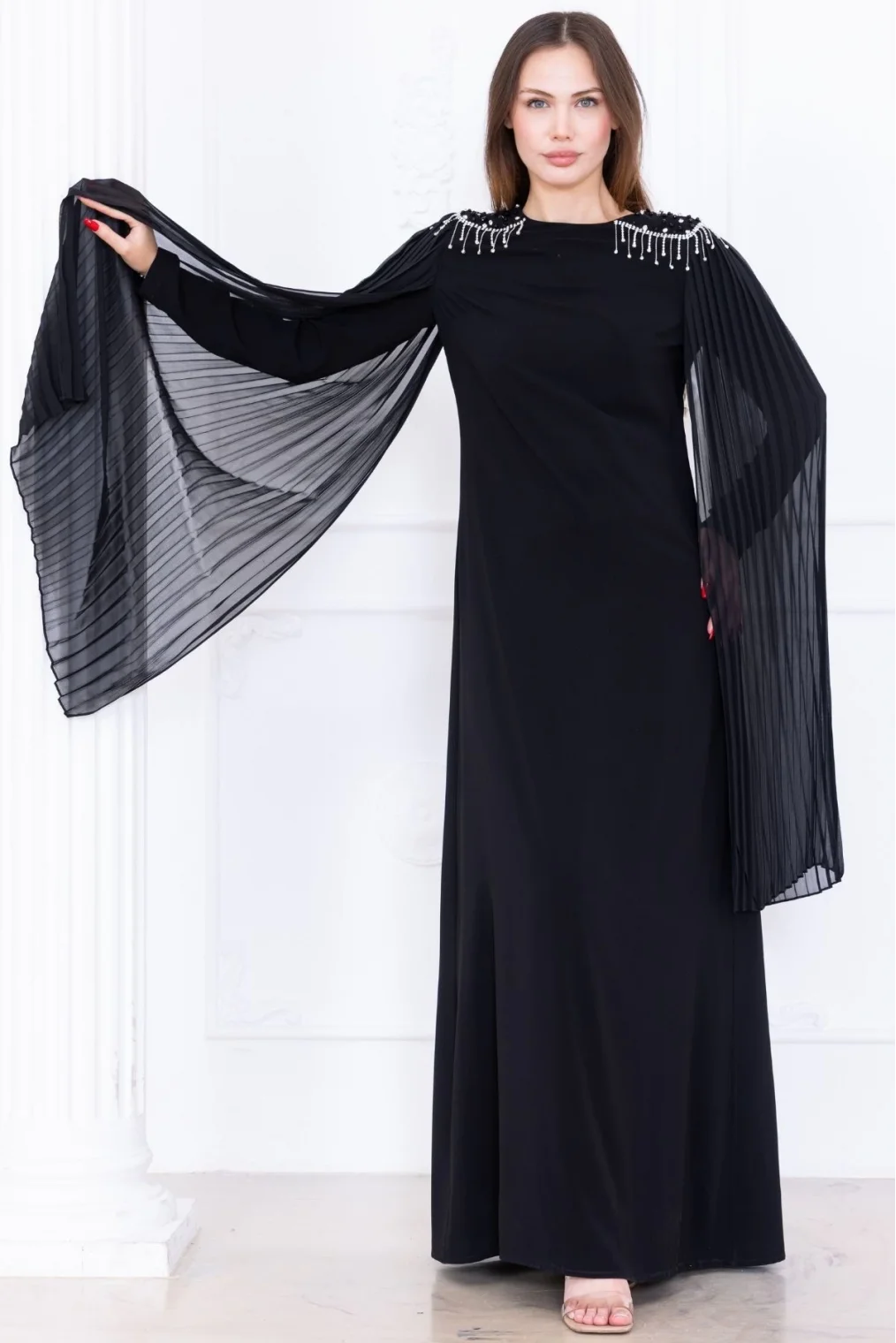 Omuz İşleme Detaylı Pelerinli Elbise 1017-Siyah