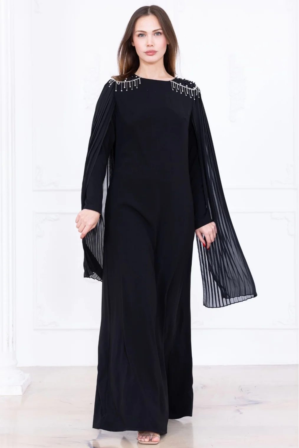 Omuz İşleme Detaylı Pelerinli Elbise 1017-Siyah