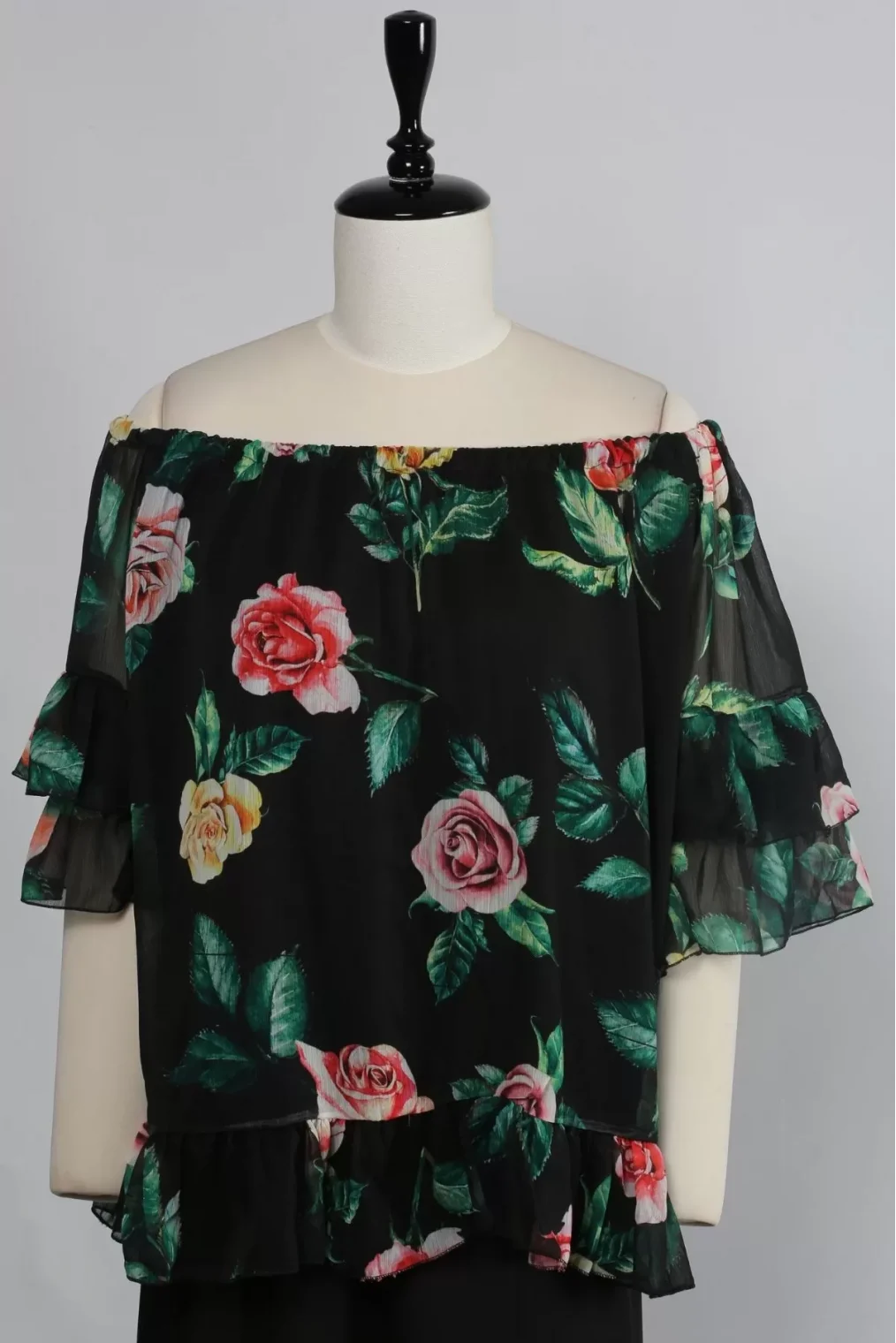 Omuz Lastikli Şifon Bluz 1769-Siyah/Yeşil