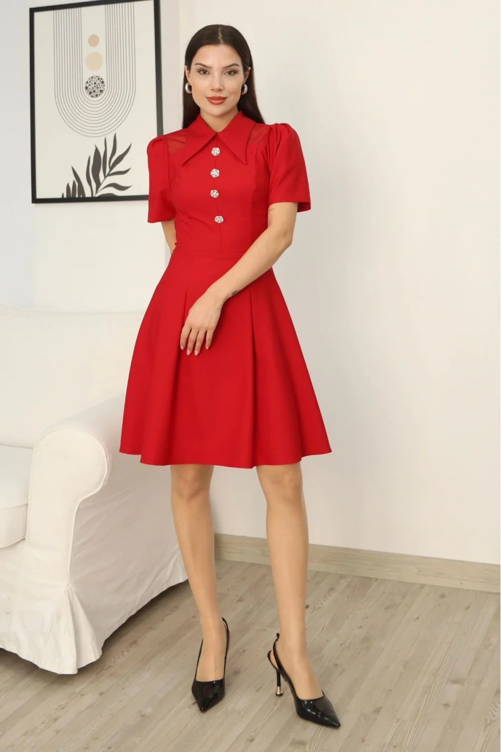 Omuz Tül Detaylı Gömlek Yaka Midi Elbise 2327-Kırmızı