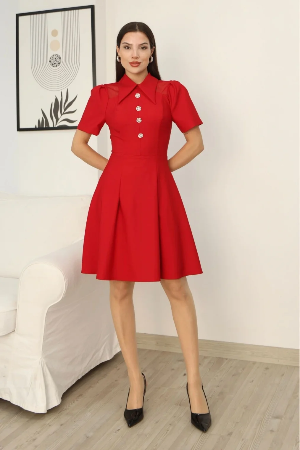 Omuz Tül Detaylı Gömlek Yaka Midi Elbise 2327-Kırmızı