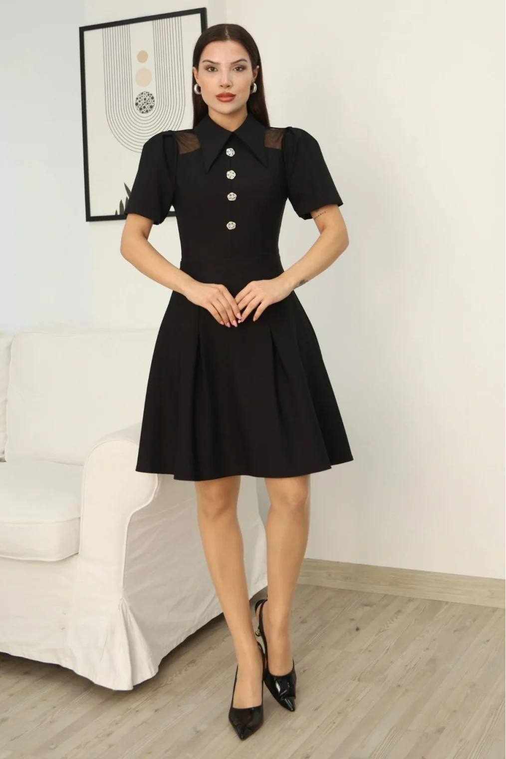 Omuz Tül Detaylı Gömlek Yaka Midi Elbise 2327-Siyah