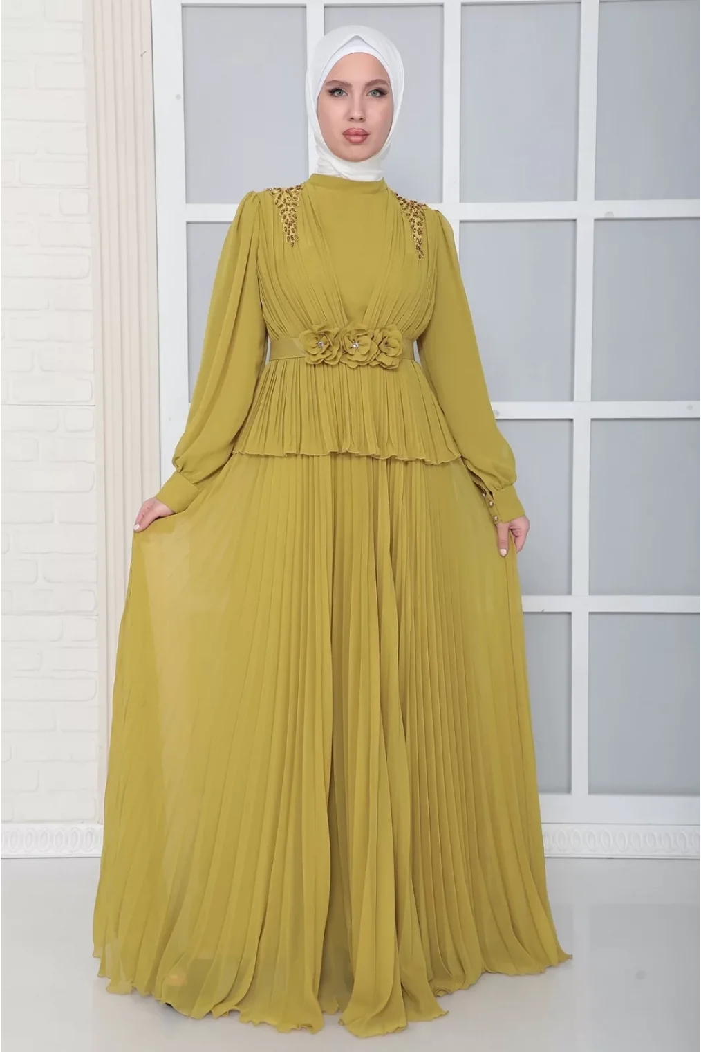 Omuz Ve Kemer Detaylı Pliseli Tesettür Abiye Elbise 816-Yağ Yeşili