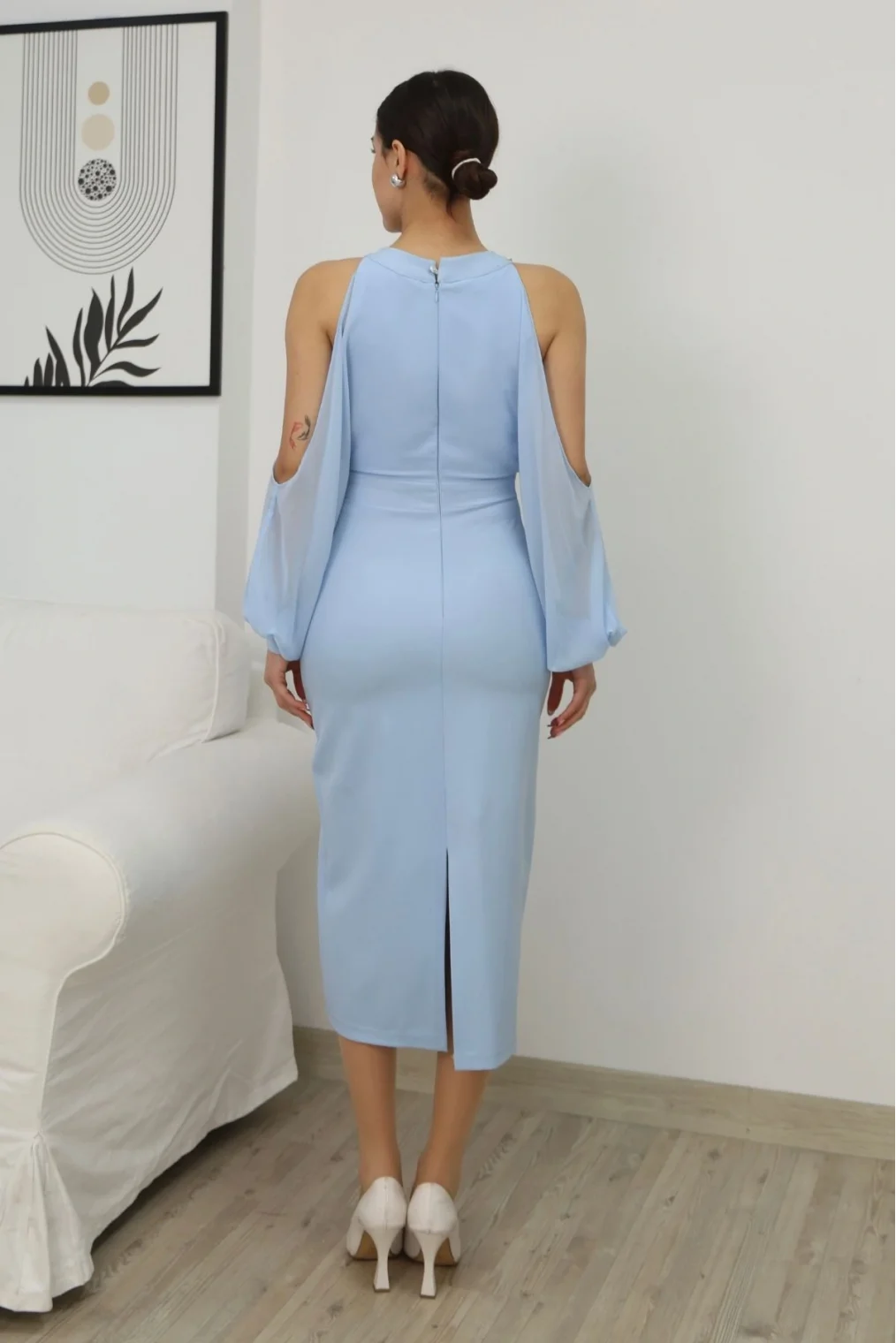 Omzu Açık Balon Kol Taş Detaylı Abiye Elbise 2261-Bebe Mavisi