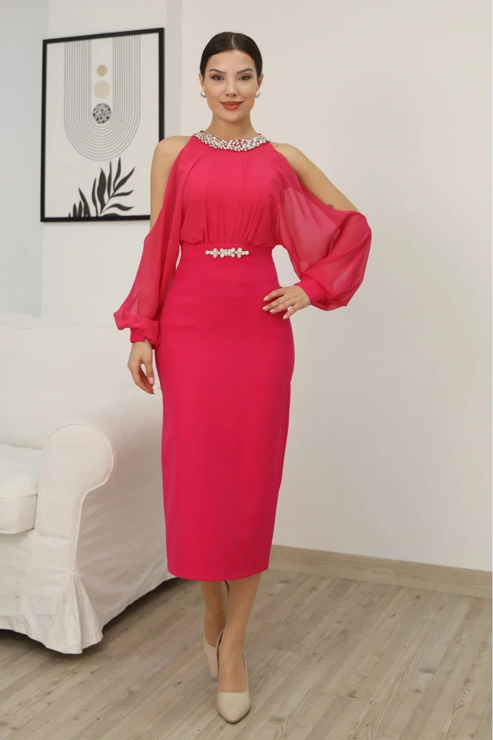 Omzu Açık Balon Kol Taş Detaylı Abiye Elbise 2261-Fuşya
