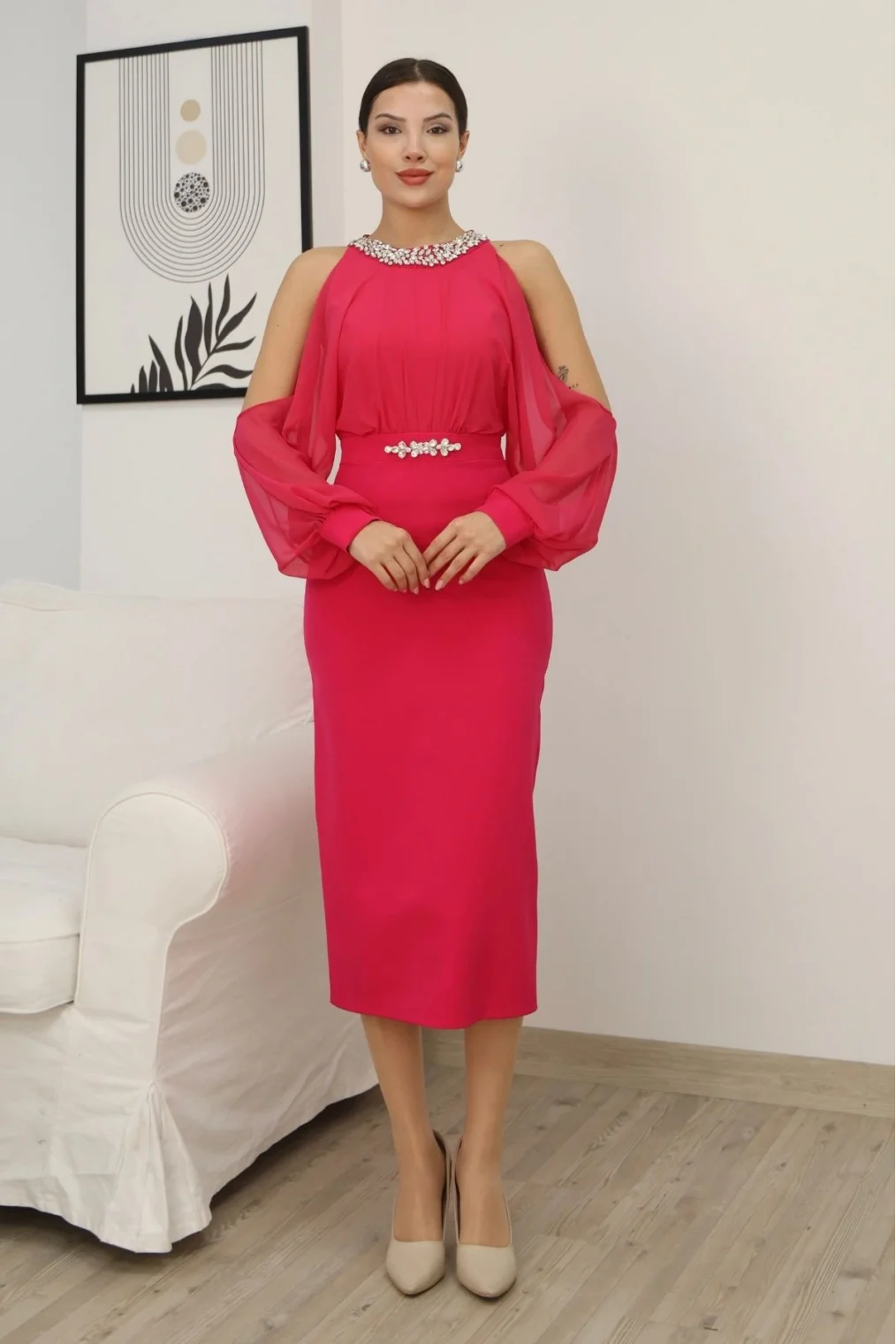 Omzu Açık Balon Kol Taş Detaylı Abiye Elbise 2261-Fuşya