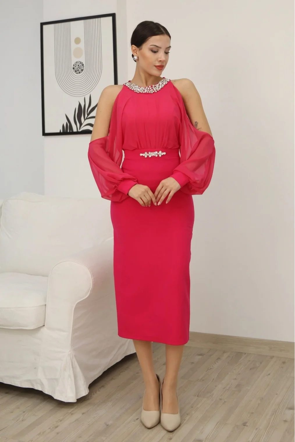 Omzu Açık Balon Kol Taş Detaylı Abiye Elbise 2261-Fuşya