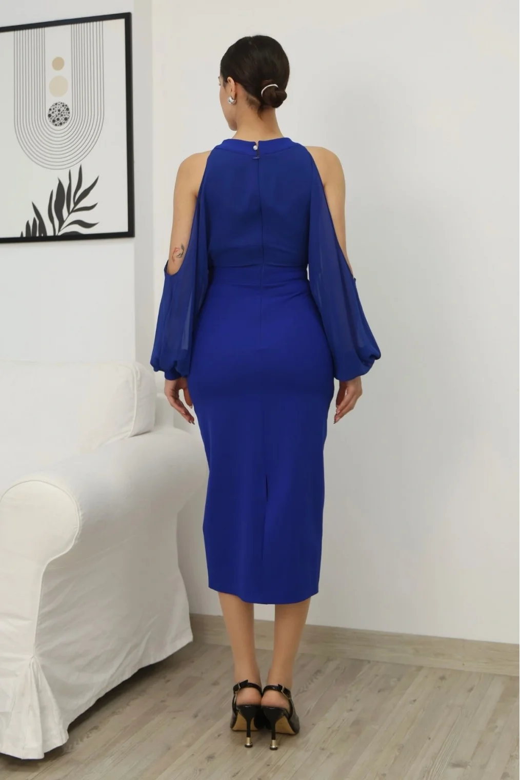 Omzu Açık Balon Kol Taş Detaylı Abiye Elbise 2261-Saks