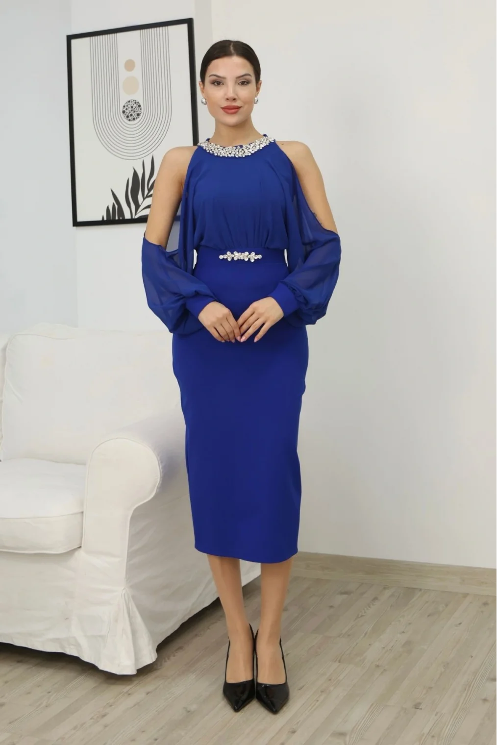 Omzu Açık Balon Kol Taş Detaylı Abiye Elbise 2261-Saks