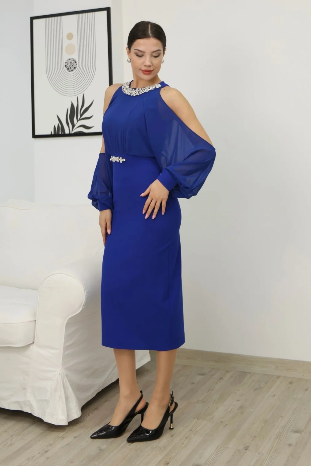 Omzu Açık Balon Kol Taş Detaylı Abiye Elbise 2261-Saks