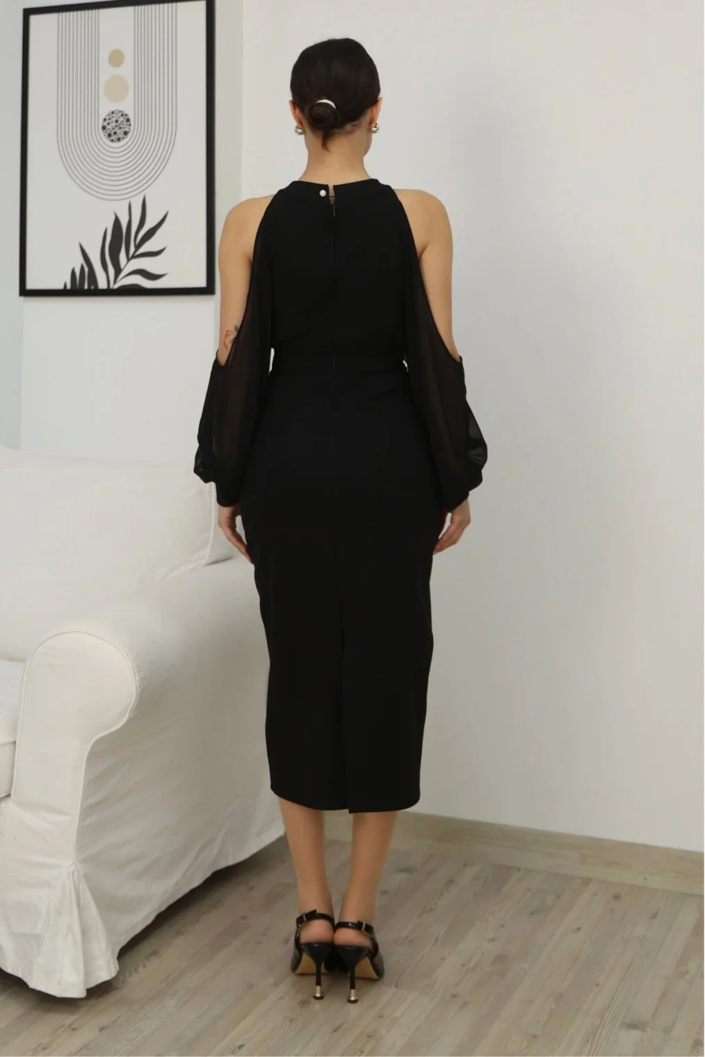 Omzu Açık Balon Kol Taş Detaylı Abiye Elbise 2261-Siyah