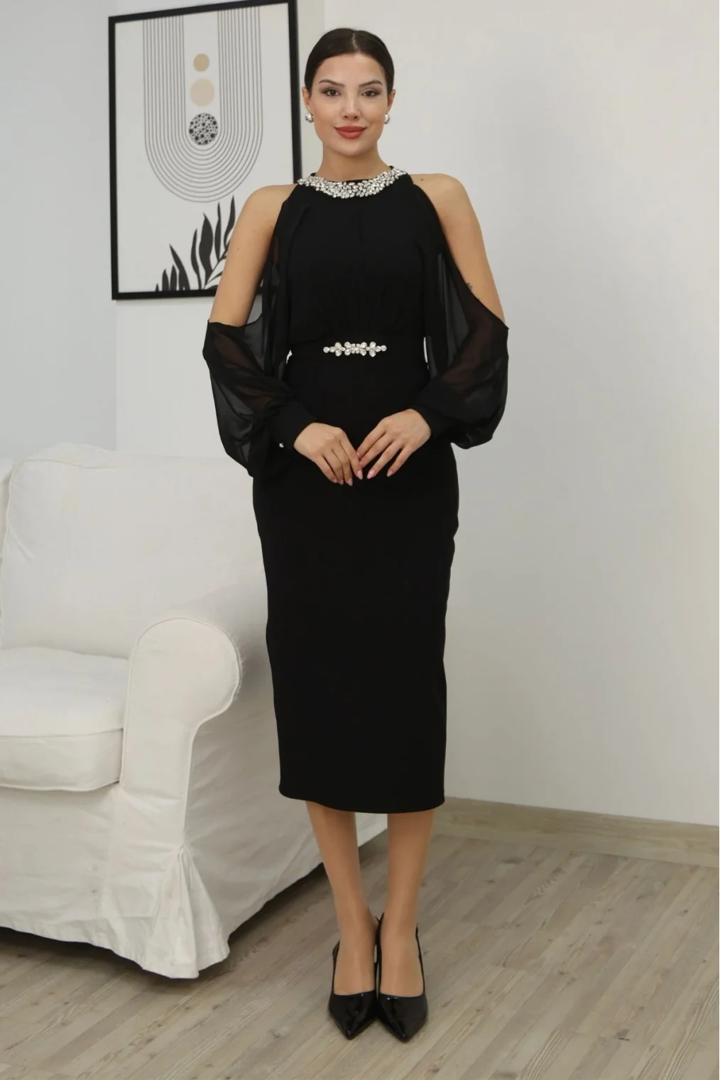 Omzu Açık Balon Kol Taş Detaylı Abiye Elbise 2261-Siyah