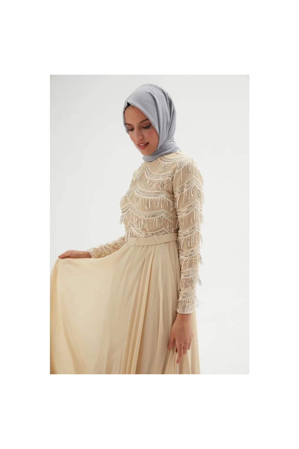 Payetli Abiye Elbise 718-Bej
