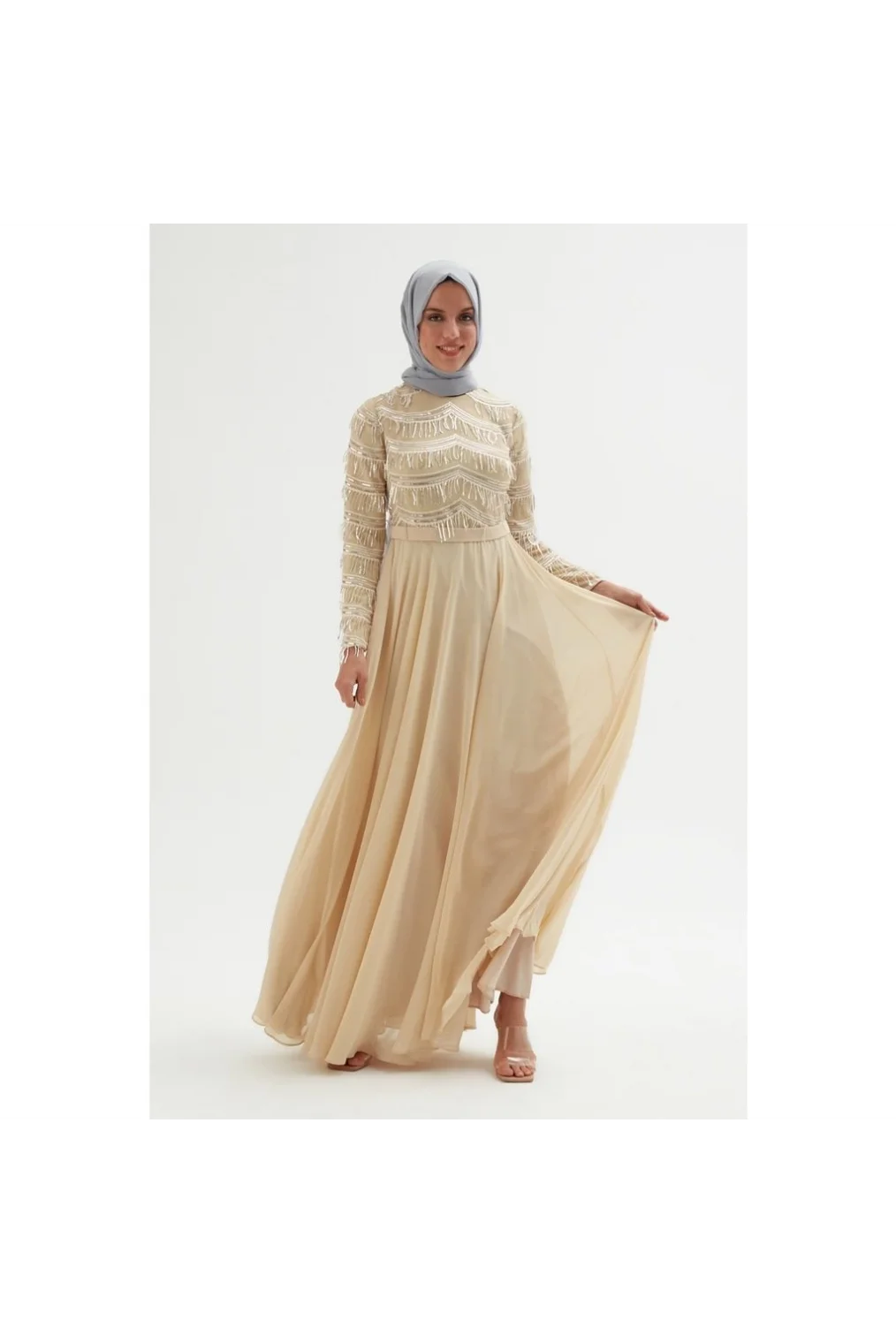 Payetli Abiye Elbise 718-Bej
