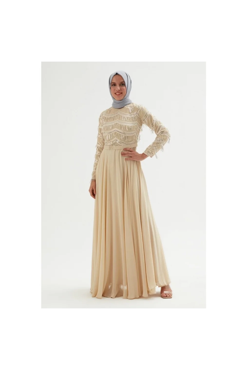 Payetli Abiye Elbise 718-Bej