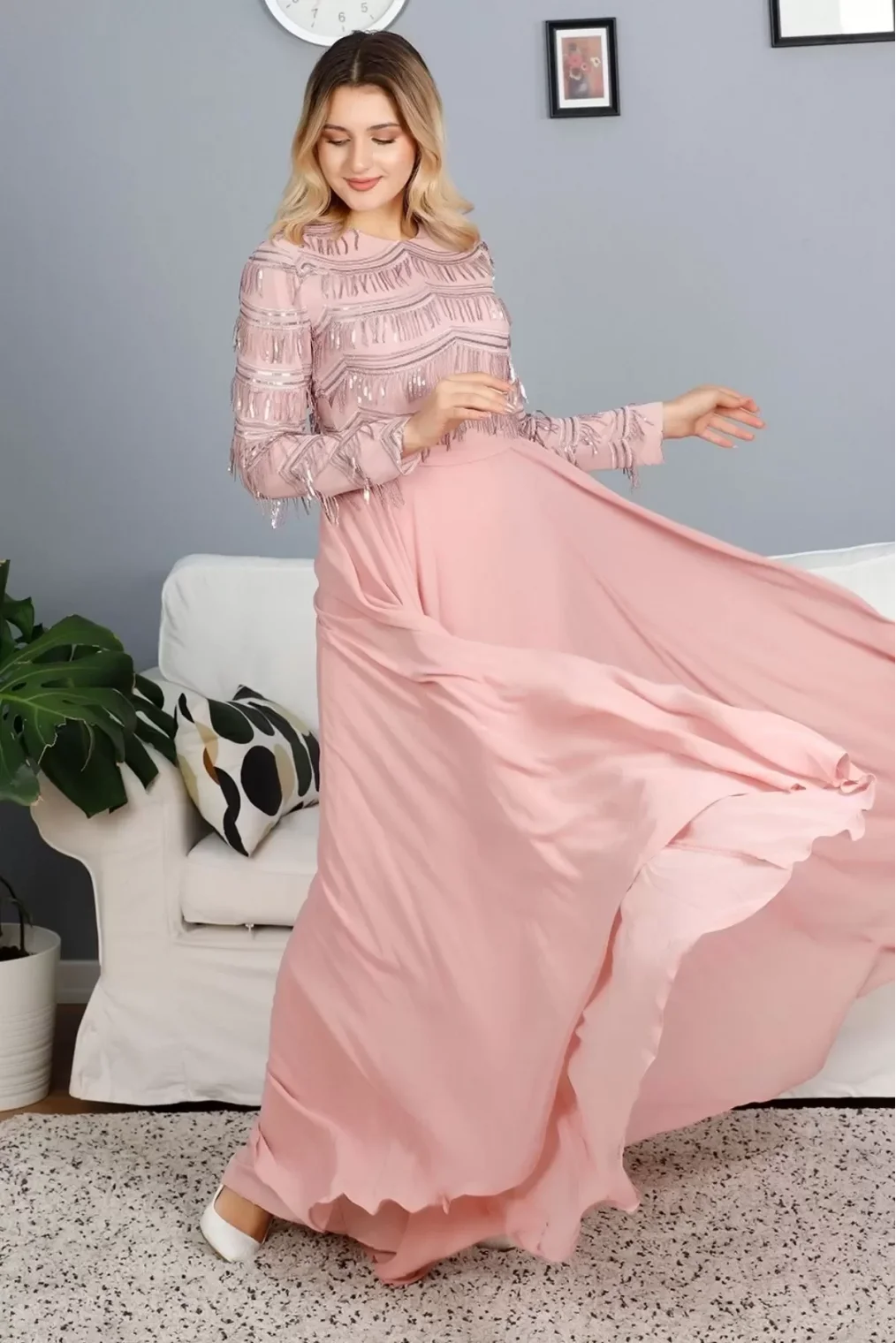 Payetli Abiye Elbise 718-Pudra