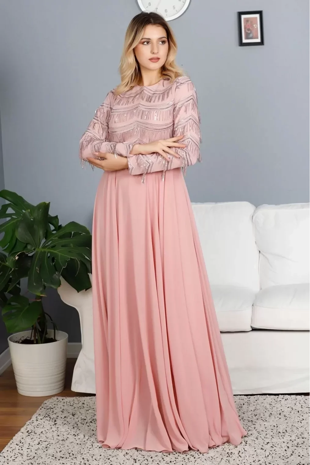 Payetli Abiye Elbise 718-Pudra