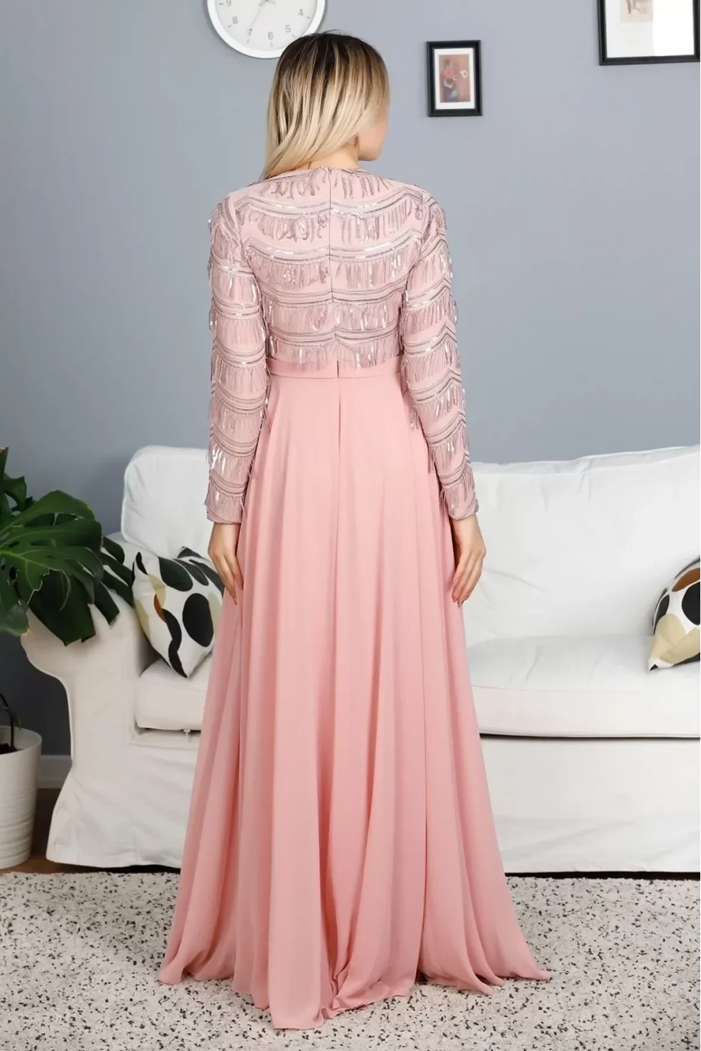 Payetli Abiye Elbise 718-Pudra