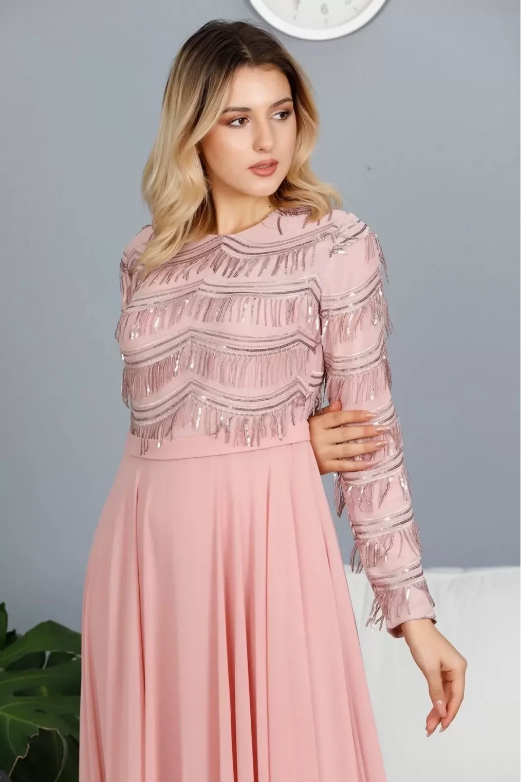 Payetli Abiye Elbise 718-Pudra