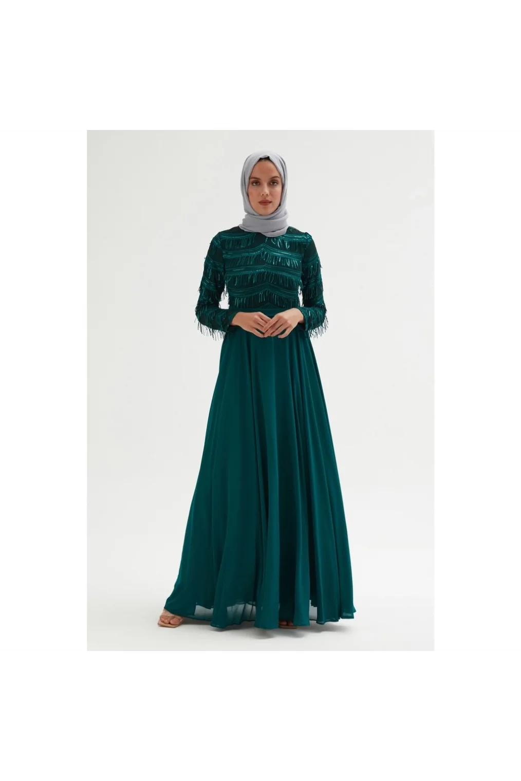 Payetli Abiye Elbise 718-Yeşil