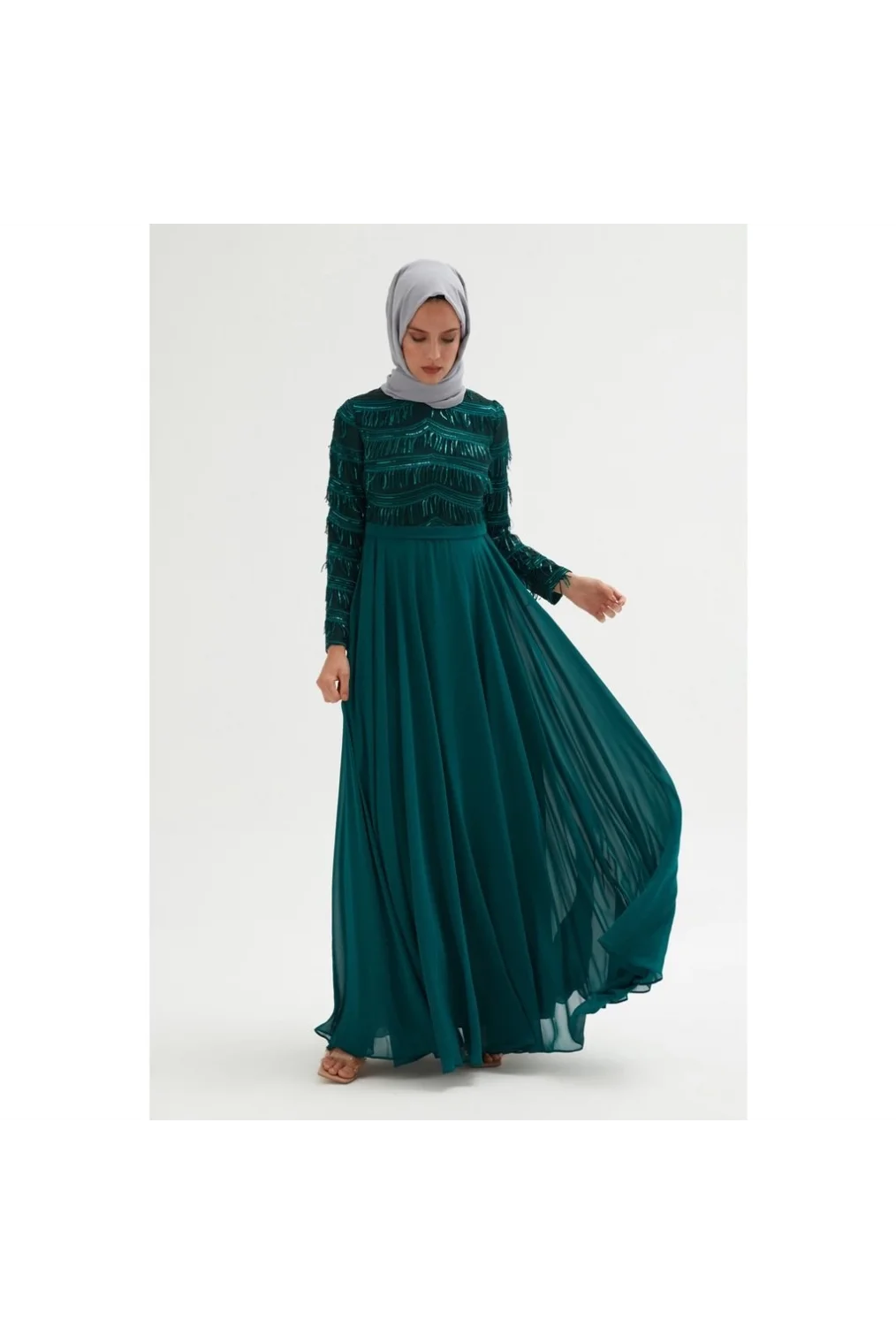 Payetli Abiye Elbise 718-Yeşil