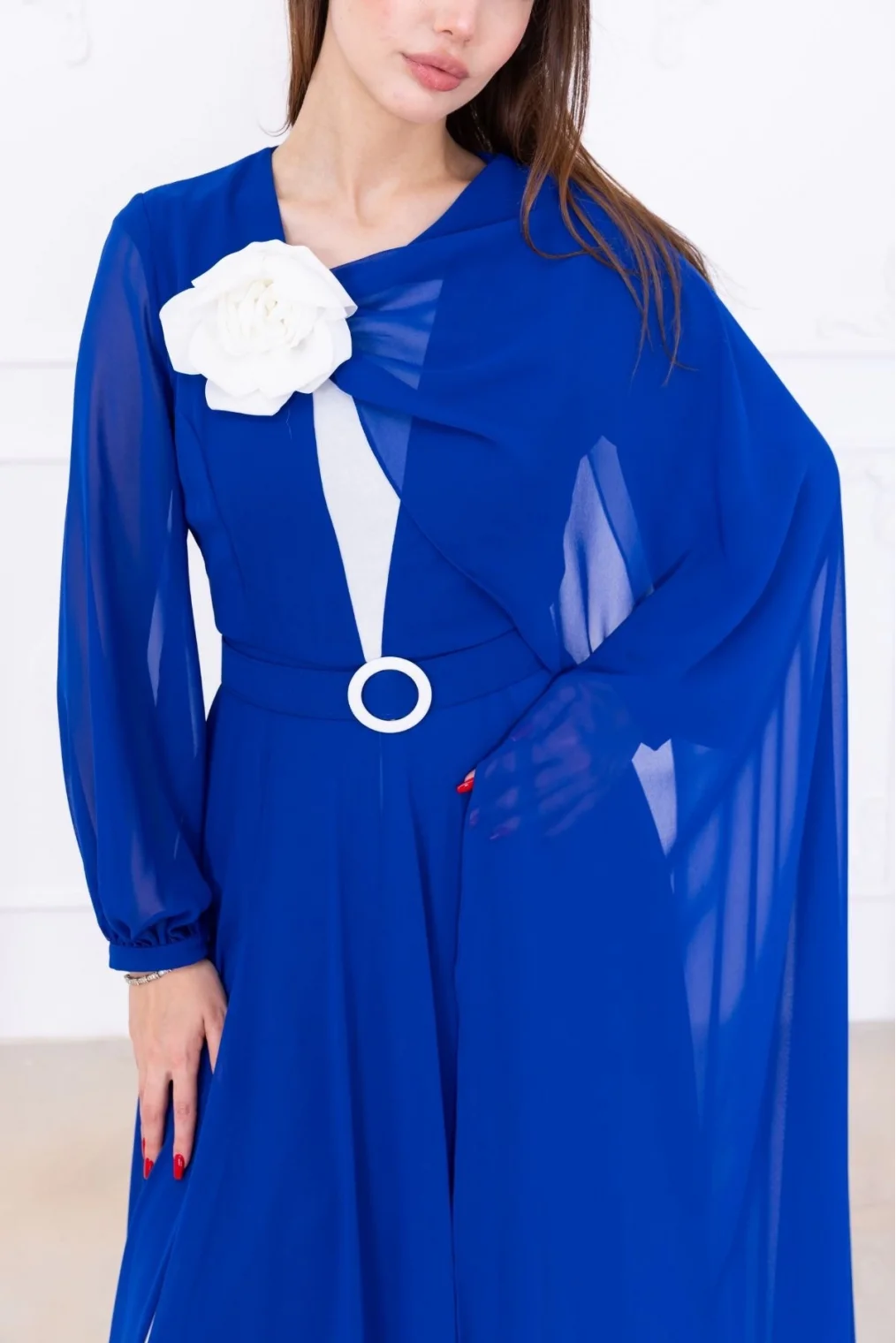 Pelerin ve Çiçek Detaylı Abiye Elbise 2746-Saks