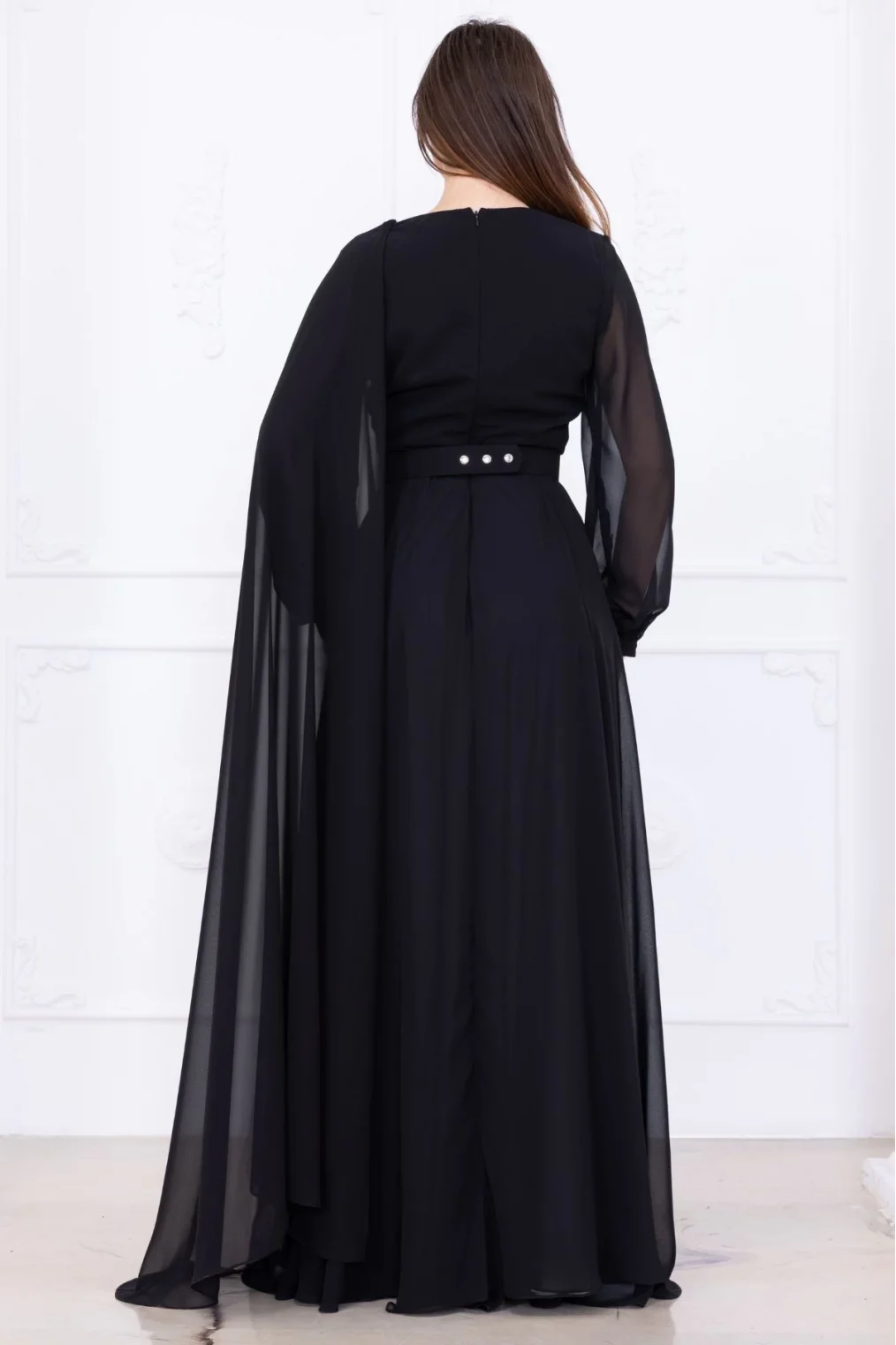 Pelerin ve Çiçek Detaylı Abiye Elbise 2746-Siyah