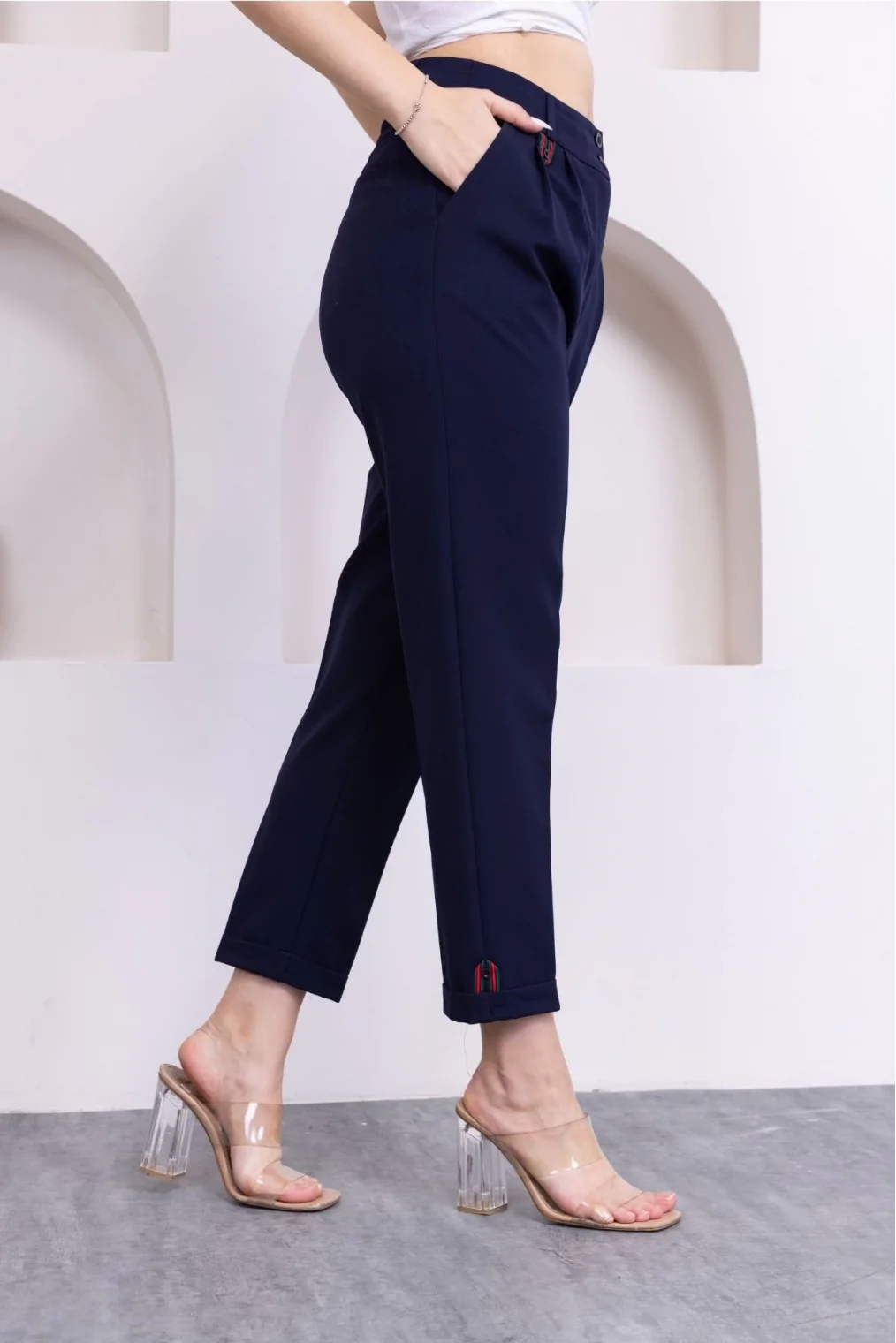 Pile Detaylı Duble Paça Kadın Kumaş Pantolon 324-Lacivert