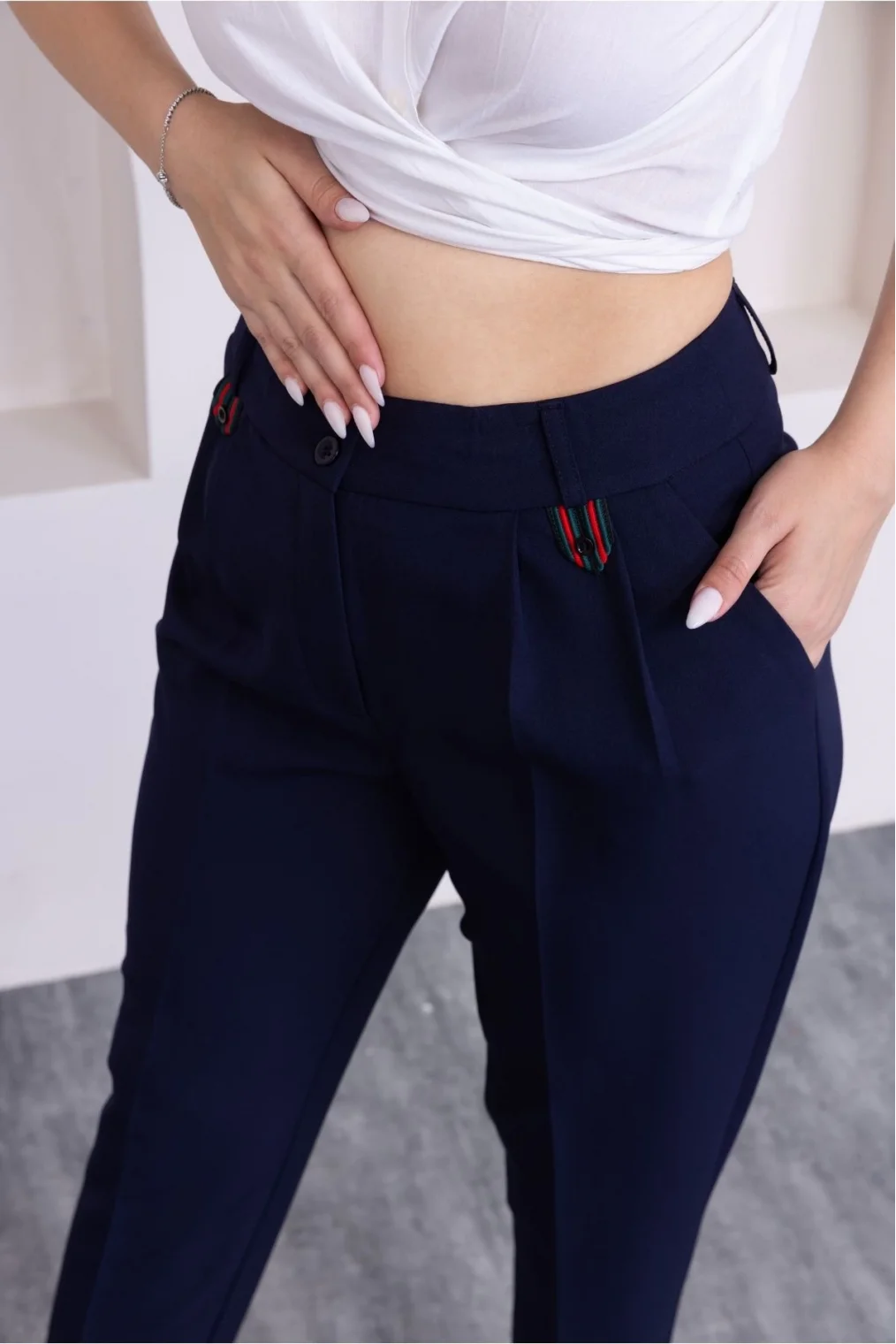 Pile Detaylı Duble Paça Kadın Kumaş Pantolon 324-Lacivert