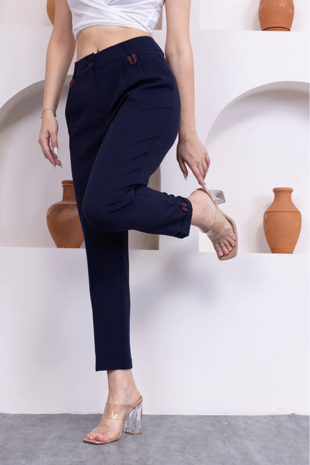 Pile Detaylı Duble Paça Kadın Kumaş Pantolon 324-Lacivert