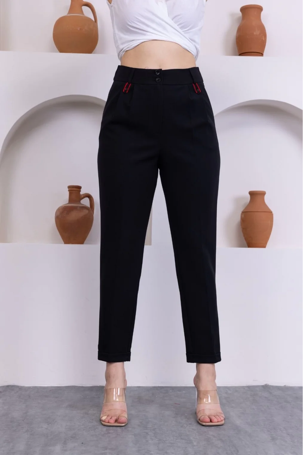 Pile Detaylı Duble Paça Kadın Kumaş Pantolon 324-Siyah