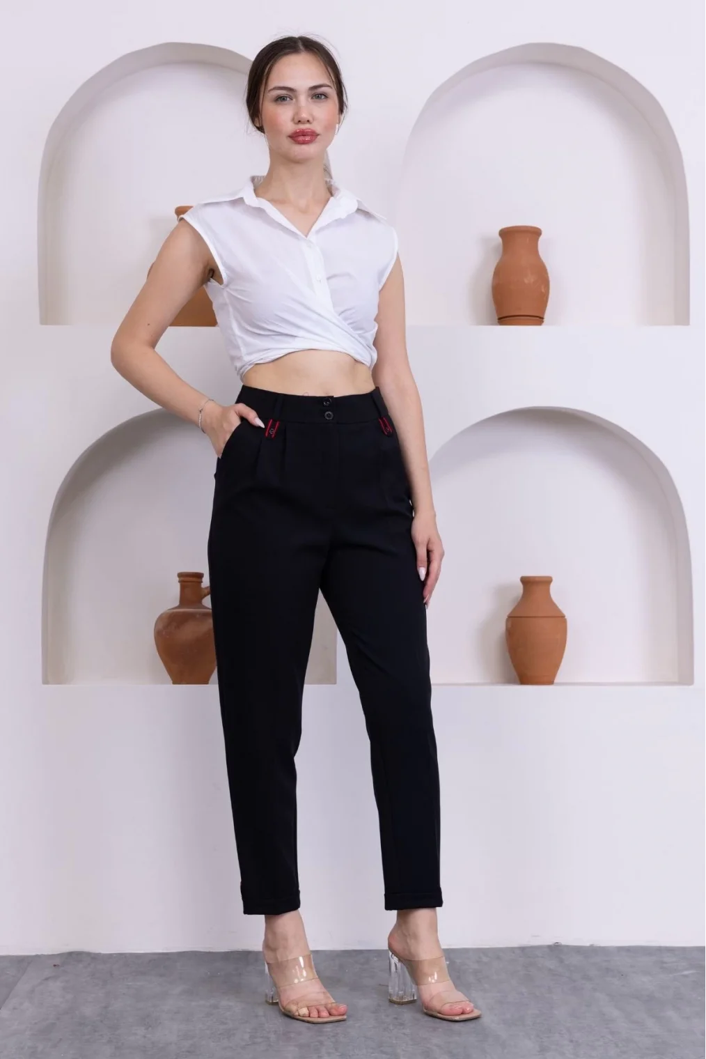 Pile Detaylı Duble Paça Kadın Kumaş Pantolon 324-Siyah