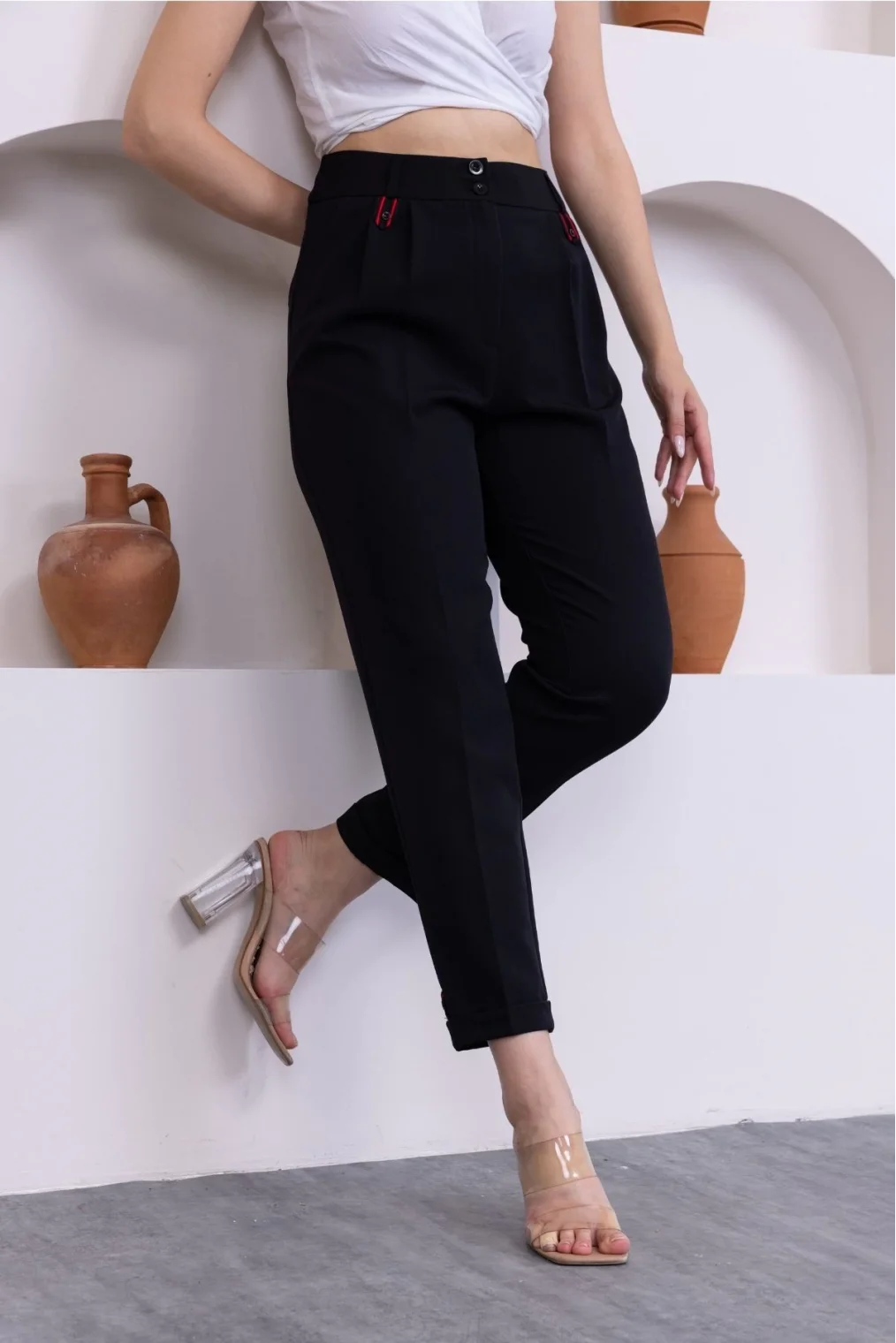 Pile Detaylı Duble Paça Kadın Kumaş Pantolon 324-Siyah