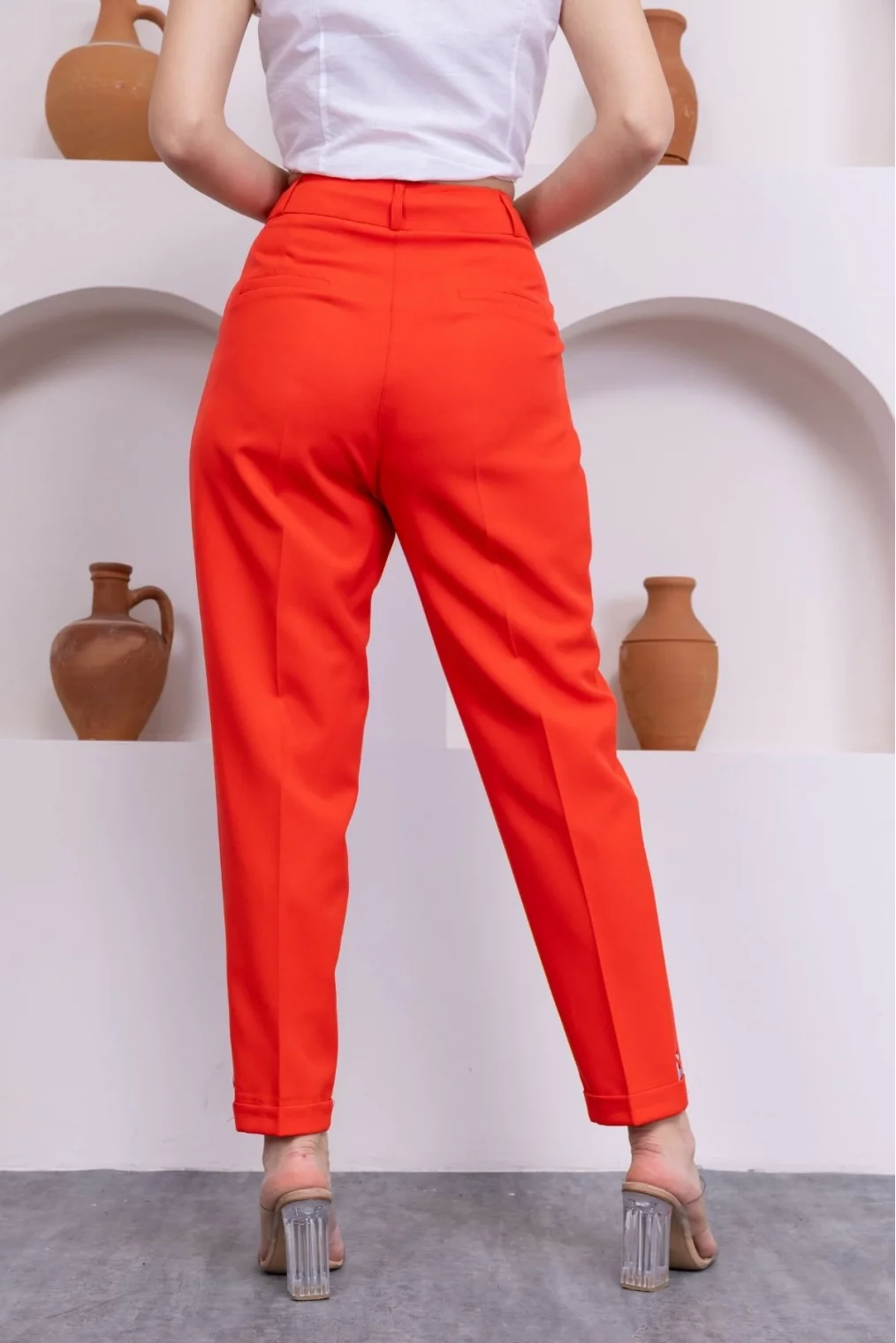 Pile Detaylı Duble Paça Kadın Kumaş Pantolon 324-Mercan