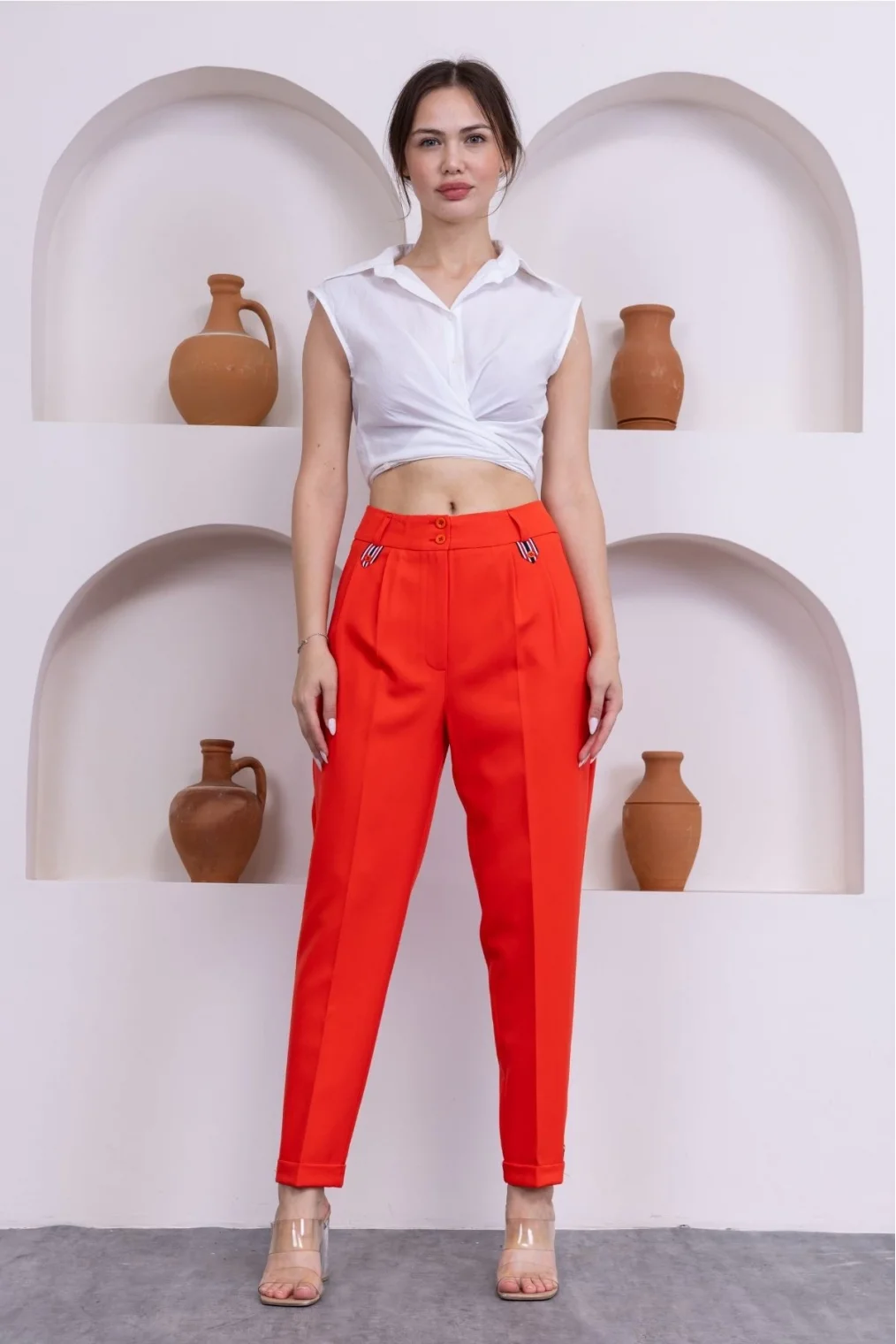 Pile Detaylı Duble Paça Kadın Kumaş Pantolon 324-Mercan