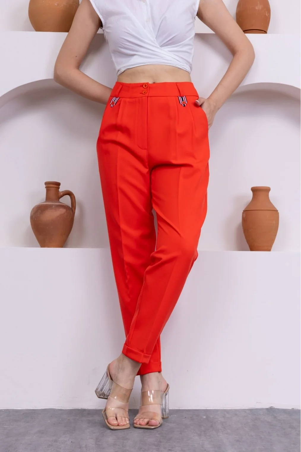 Pile Detaylı Duble Paça Kadın Kumaş Pantolon 324-Mercan