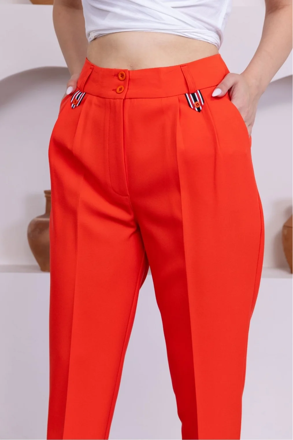 Pile Detaylı Duble Paça Kadın Kumaş Pantolon 324-Mercan