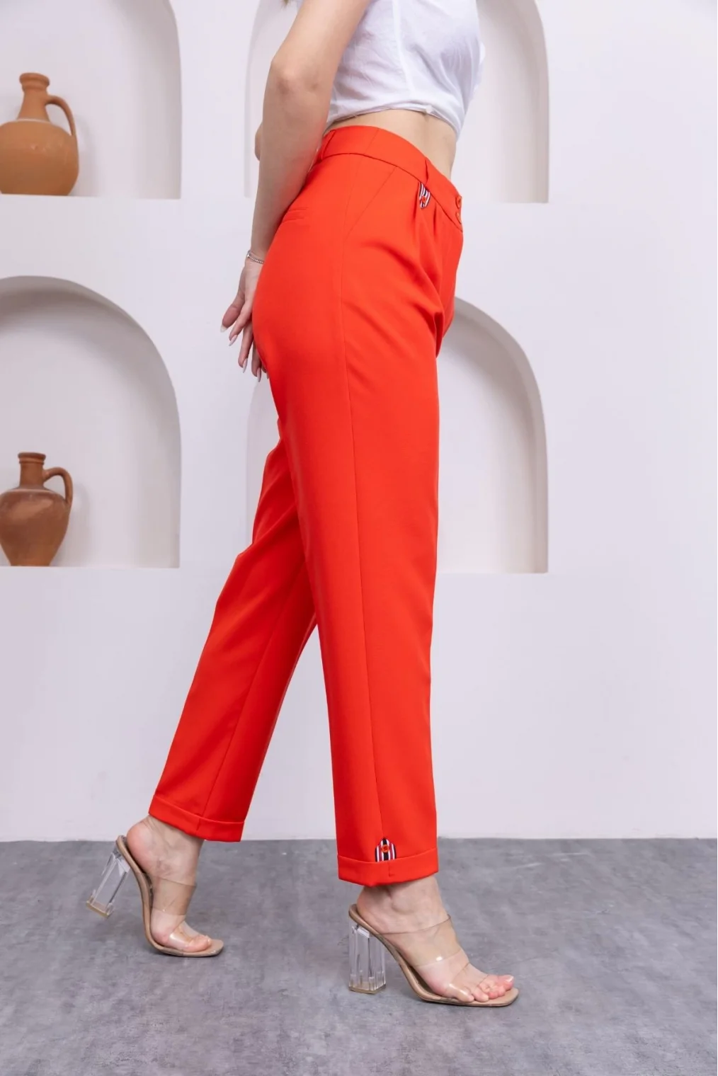 Pile Detaylı Duble Paça Kadın Kumaş Pantolon 324-Mercan