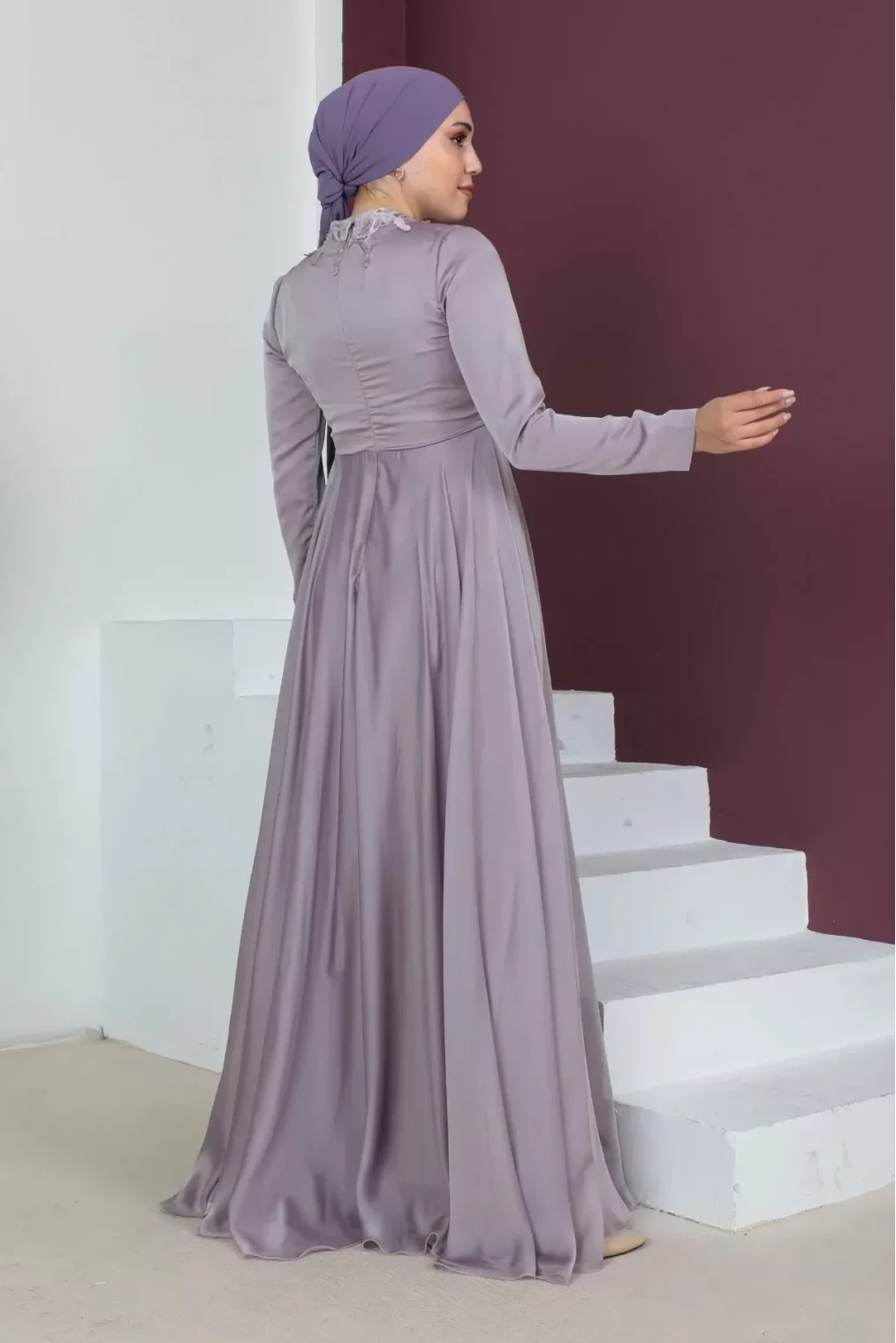 Plise Detaylı Boncuklu Tesettür Abiye Elbise 761-Gül Kurusu