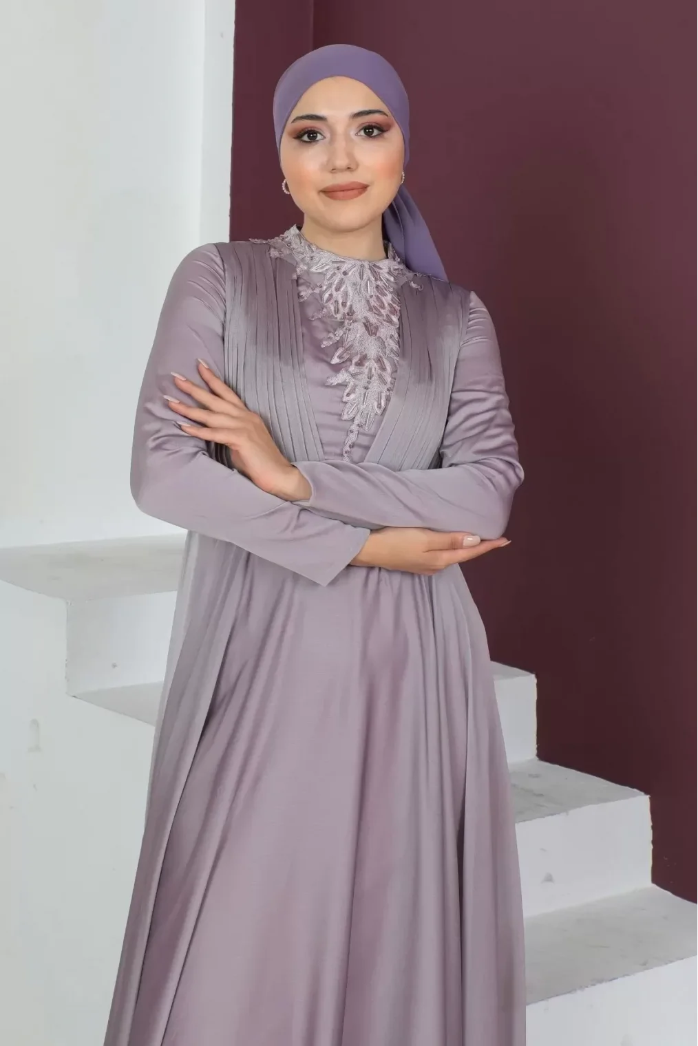 Plise Detaylı Boncuklu Tesettür Abiye Elbise 761-Gül Kurusu