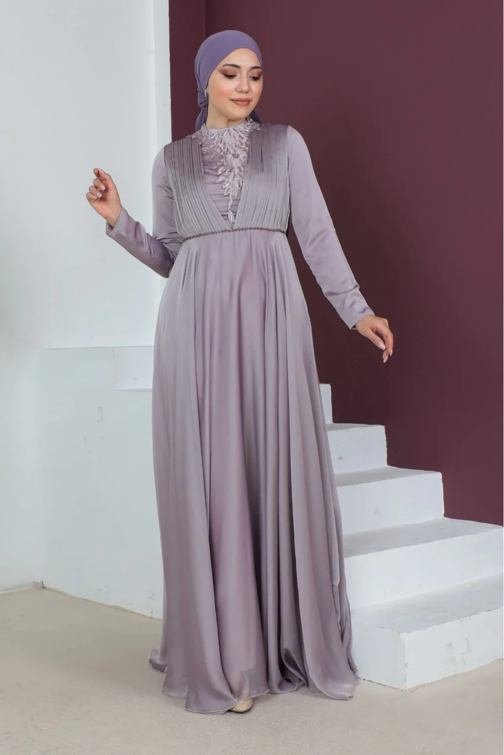 Plise Detaylı Boncuklu Tesettür Abiye Elbise 761-Gül Kurusu