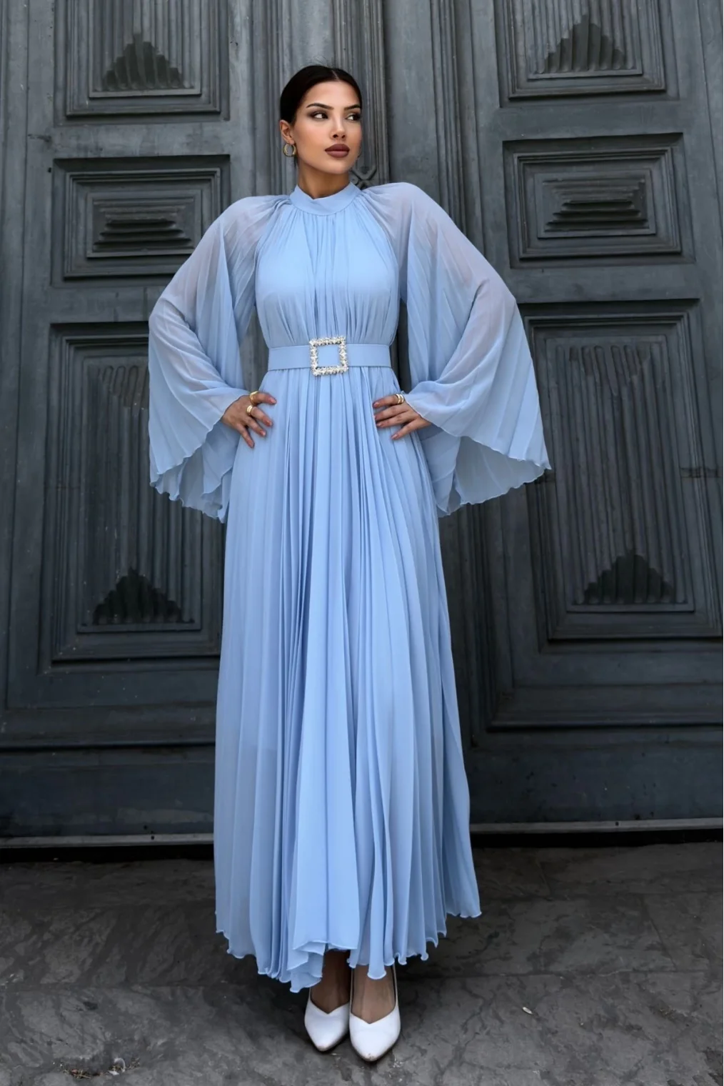 Plise Detaylı Kemerli Rahat Form Abiye Elbise 2183-Bebe Mavisi