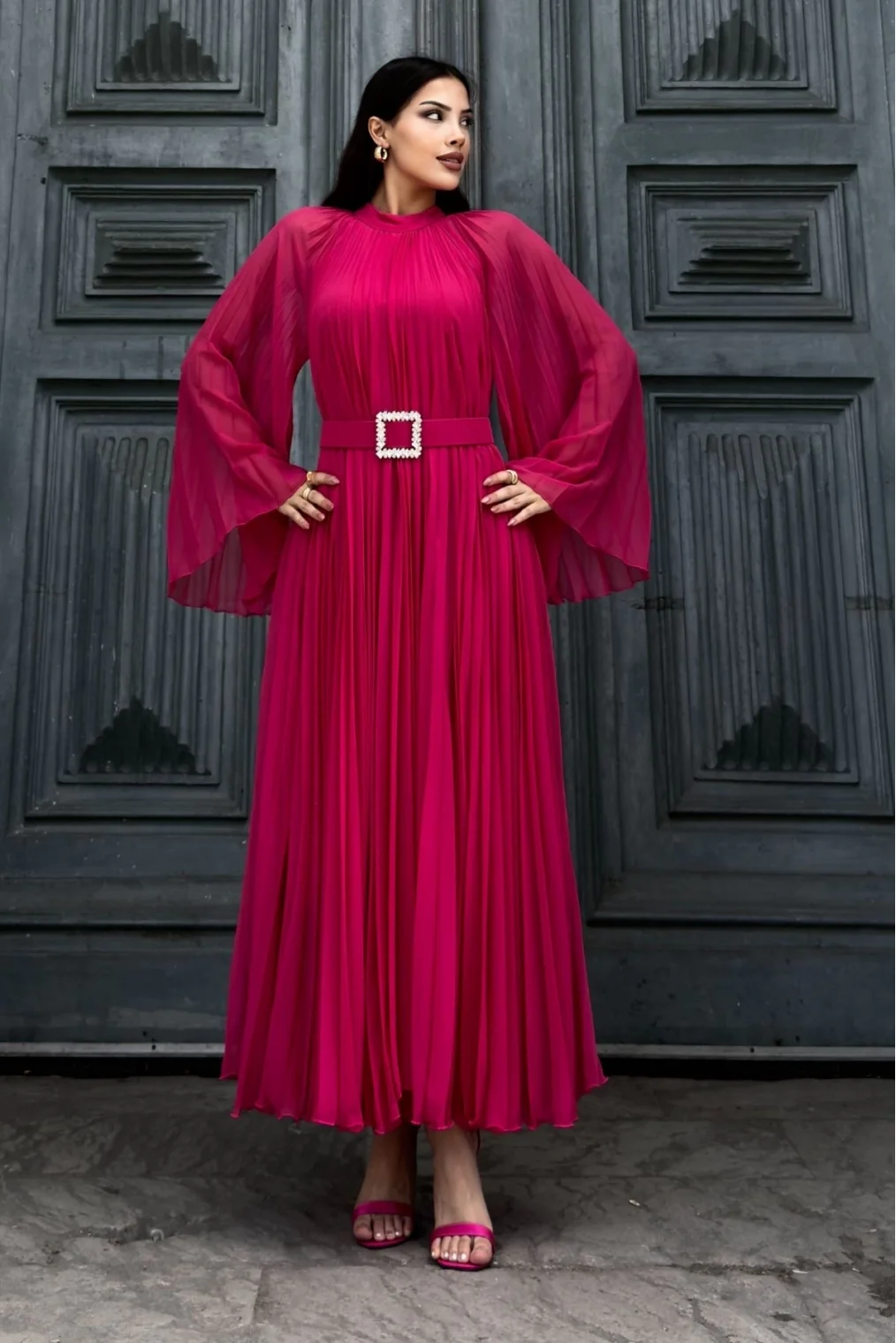 Plise Detaylı Kemerli Rahat Form Abiye Elbise 2183-Fuşya