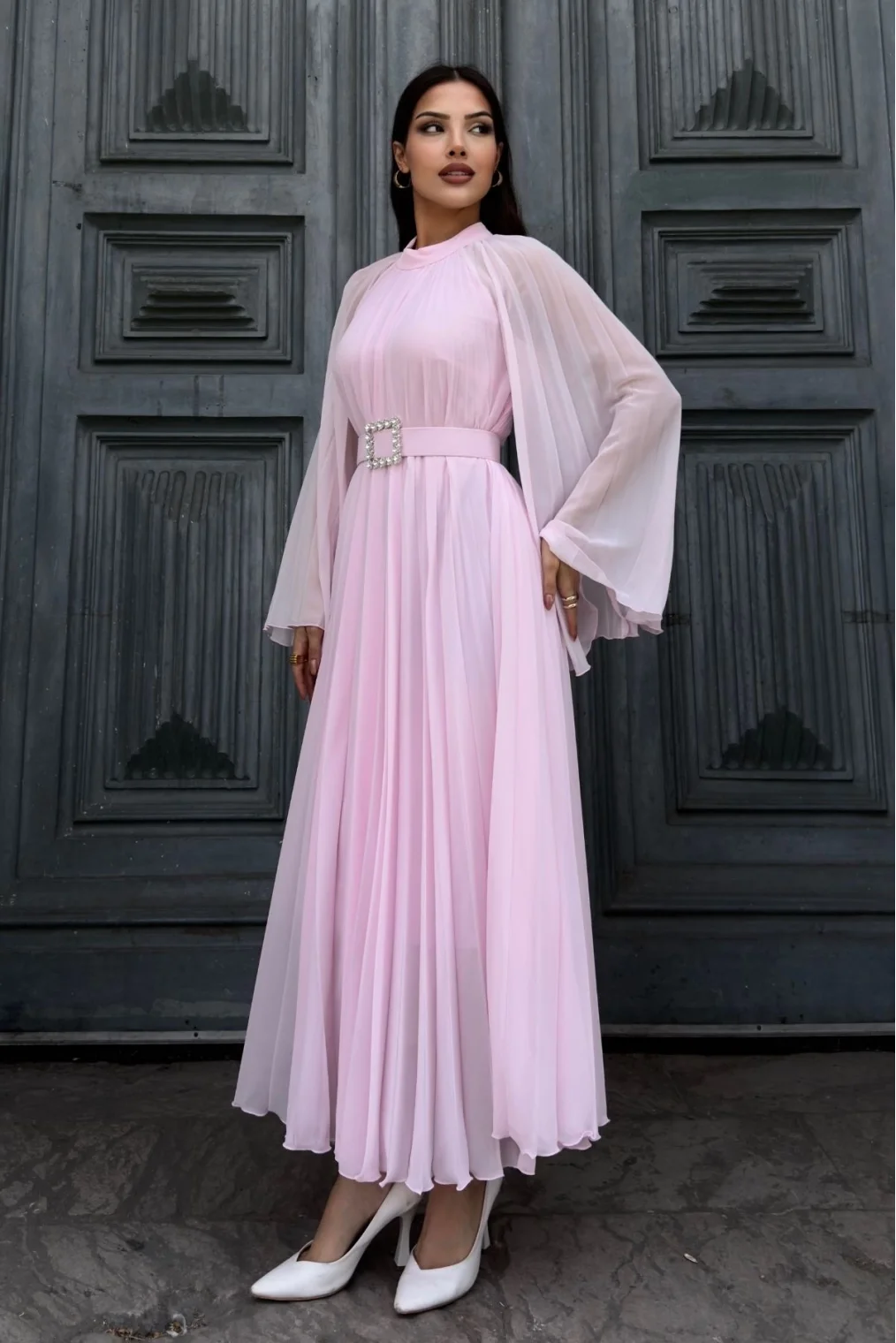 Plise Detaylı Kemerli Rahat Form Abiye Elbise 2183-Pembe