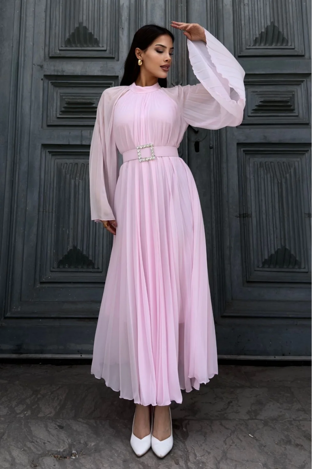 Plise Detaylı Kemerli Rahat Form Abiye Elbise 2183-Pembe