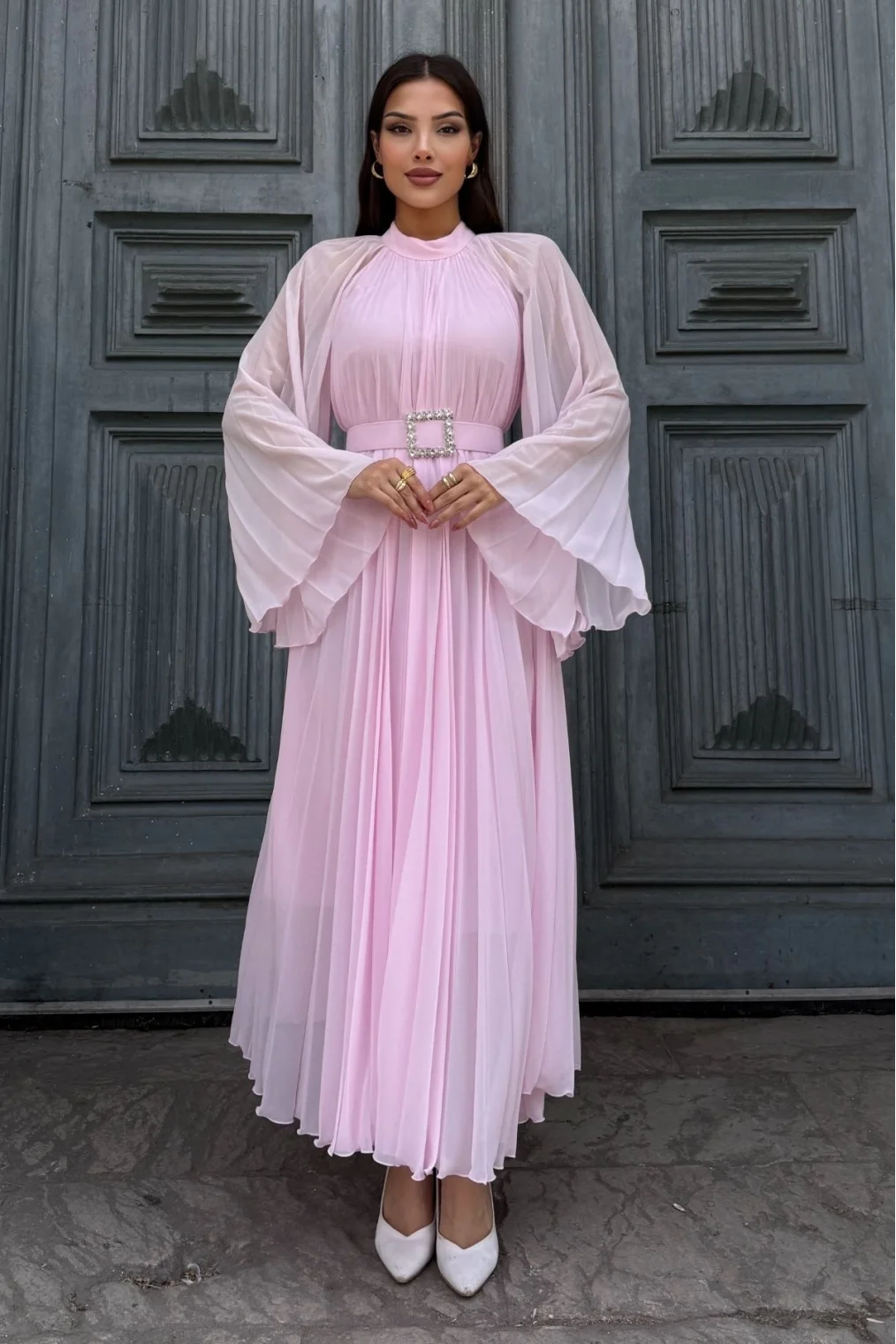 Plise Detaylı Kemerli Rahat Form Abiye Elbise 2183-Pembe